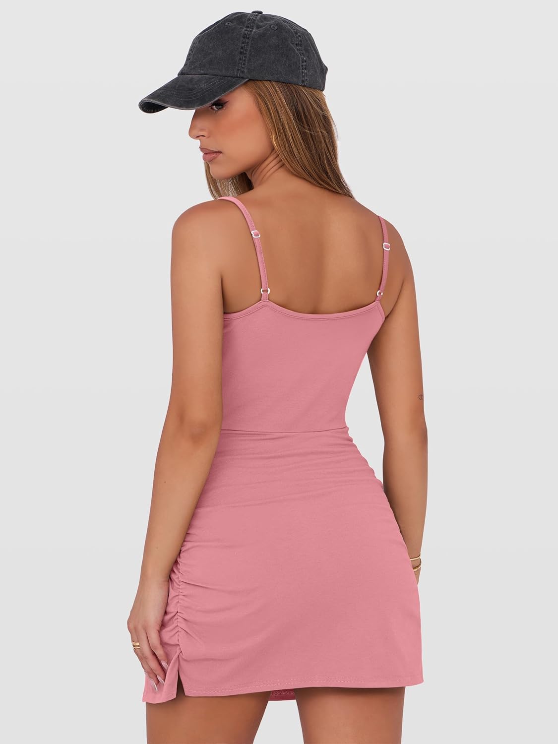 Caracilia Womens Summer Spaghetti Strap Dress Tie Waist Romper Skorts Bodycon Beach Vacation Mini Dresses Built in Shorts