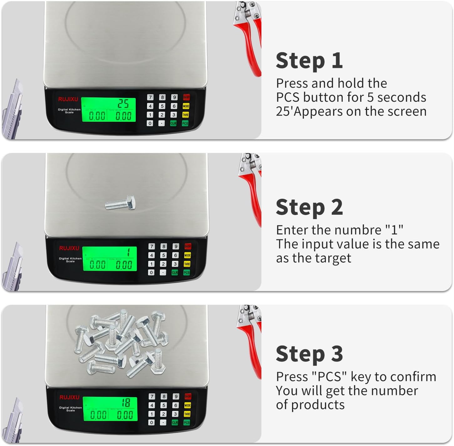 Three-step visual guide for using the Counting (PCS) function. Step 1: Press and hold PCS button for 5 seconds, '25' appears. Step 2: Enter '1' (or desired sample size). Step 3: Place items (screws) on the scale, and it displays the count.