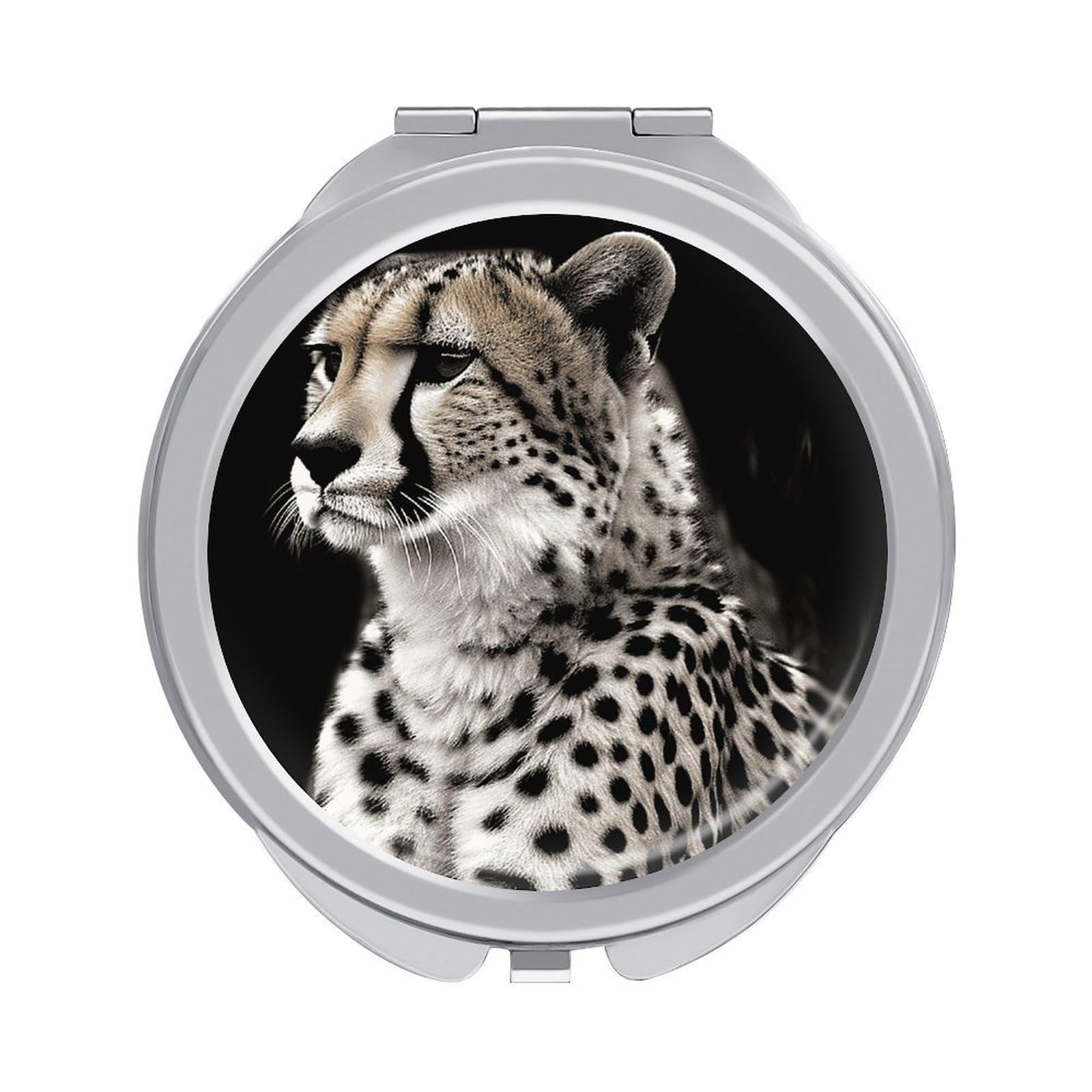 FodPand Compact Hand Mirror with 1x/2x Magnifying Round Travel Makeup Mirror Mini Foldable Cheetah Cosmetic Mirrors Travel Essentials Gift for Women Girl Portable for Pocket Purse -Silver