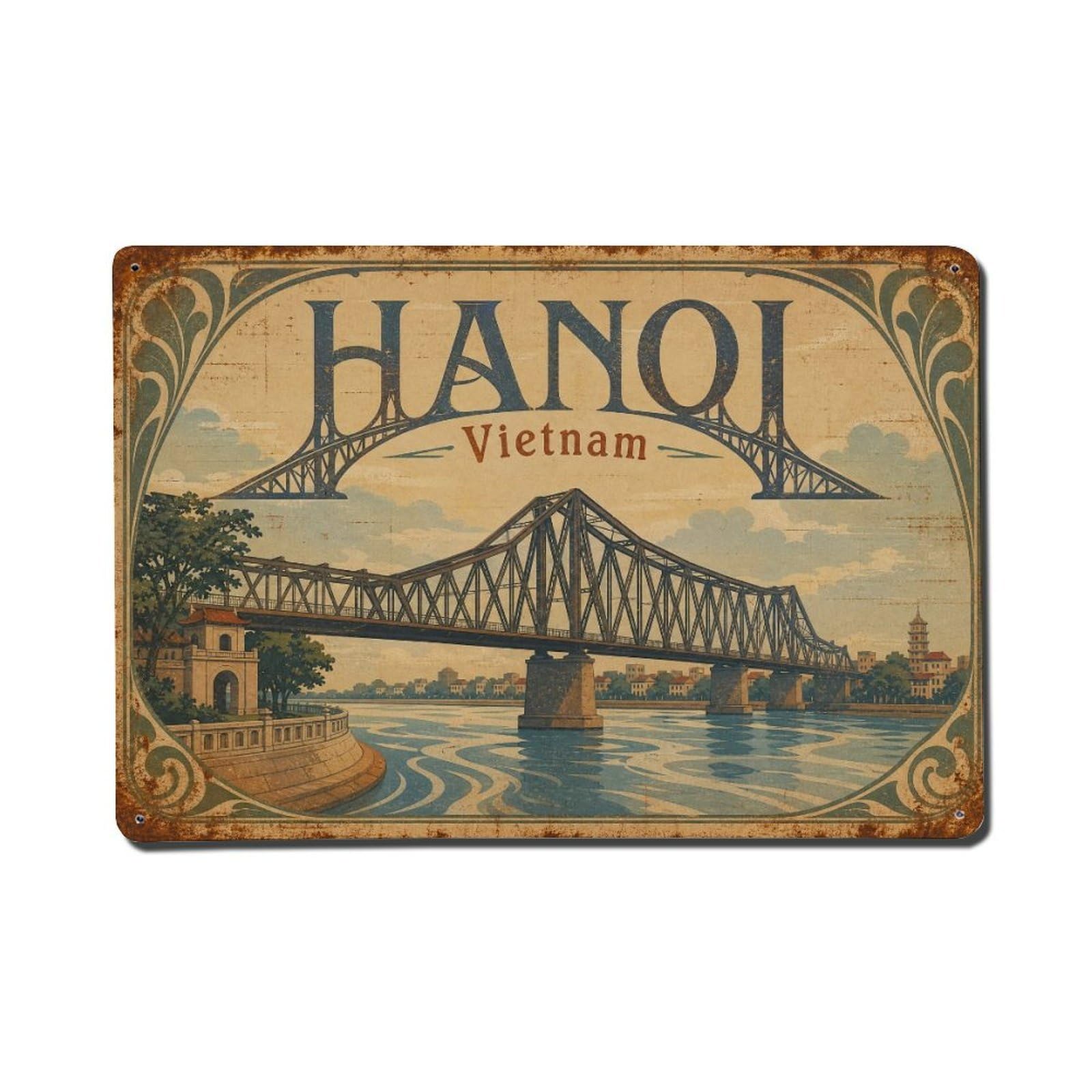 Hanoi Vietnam Heritage Red River Bridge Travel Retro Metal Tin Sign