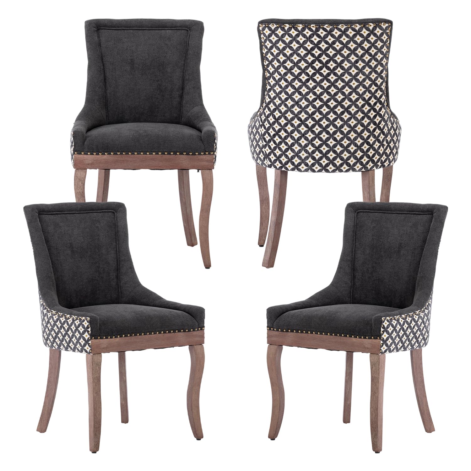 Yayzy Modern Dining Chairs Set of 4, Upholstered Fabric High Back Dining Chairs with Nailhead Trim & Solid Wood Legs for Dining Room & Kitchen, Black