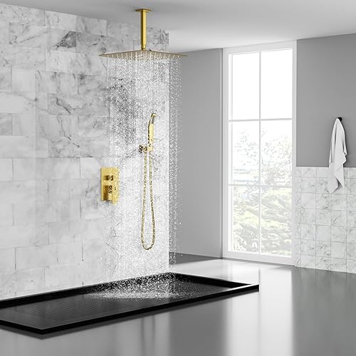 Miniatura 29 de SR SUN RISE Sistema de ducha montado en el techo de 12 pulgadas, mezclador de lluvia, sistema de cabezal de ducha de lluvia, dorado cepillado, Oro