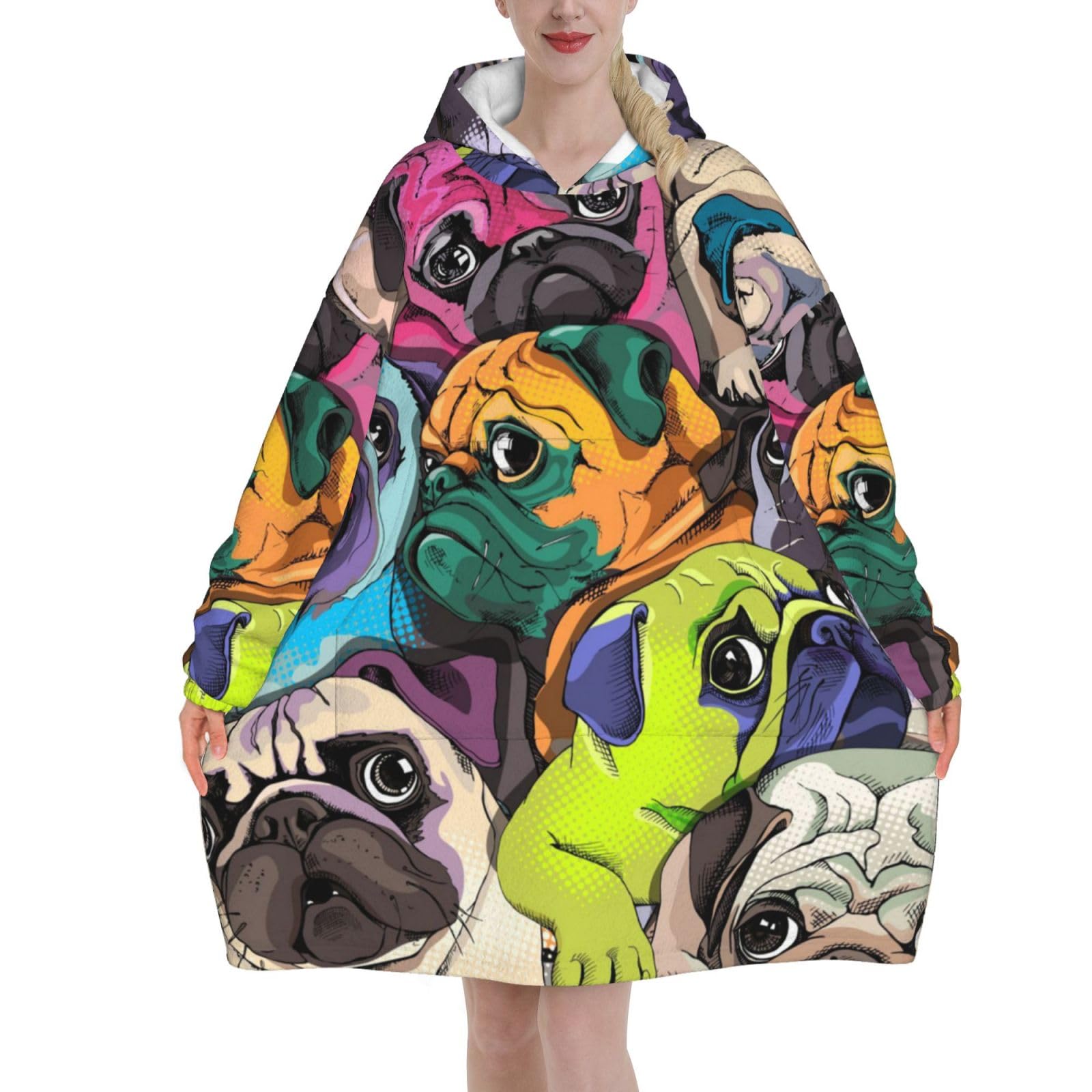Yxdvpalne Unisex As Picture Funny Cartoon Pug Dog Oversized Women's Wearable Blanket Hoodie, Flannel Pullover Blanket, Blanket Sweatshirt