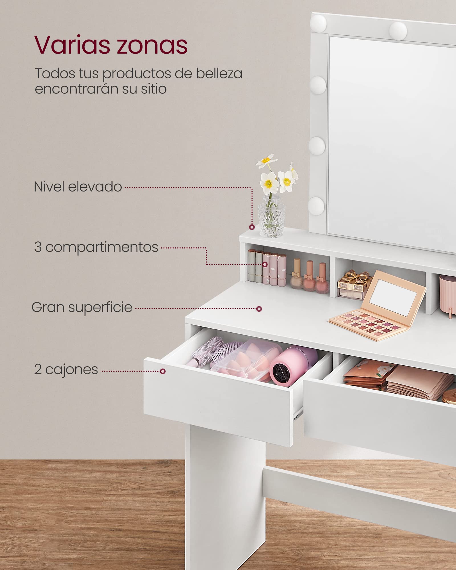 VASAGLE Tocador con Iluminación LED, Taburete de Maquillaje, 2 Cajones