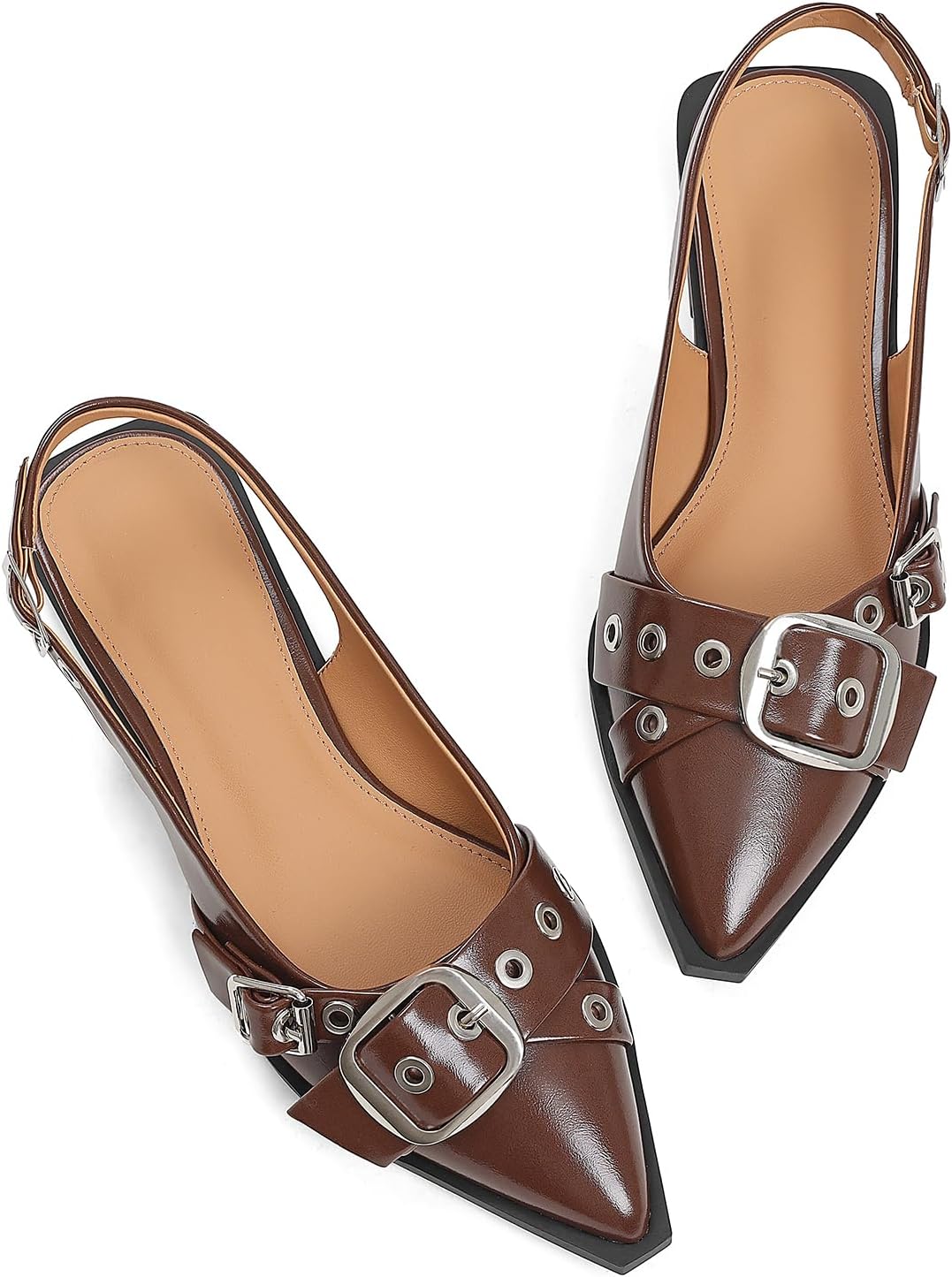 Kalstage Women's Slingback Flats Closed Pointed Toe Low Heel Dress Flat Shoes Buckle Patent Leather Ballet Flats for Women Comfortable Work