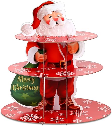 Censen Decoración de soporte para cupcakes de Navidad, soporte de 3 niveles para pasteles de Papá Noel, soporte para postres de Navidad, torre de