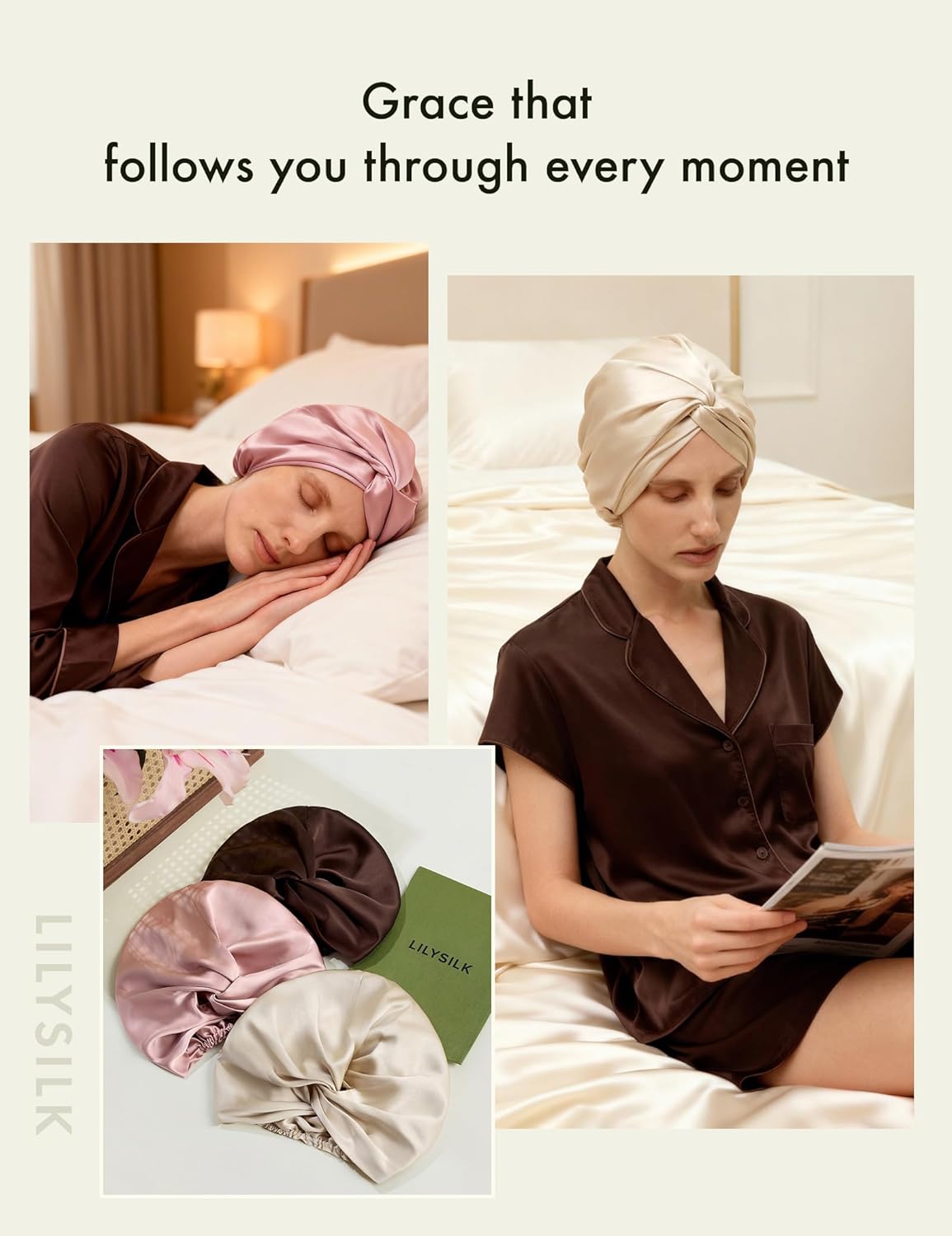 LilySilk Pure Mulberry Silk Bonnet for Women Knot Bow Double Side Sleep Cap Hair Care Night