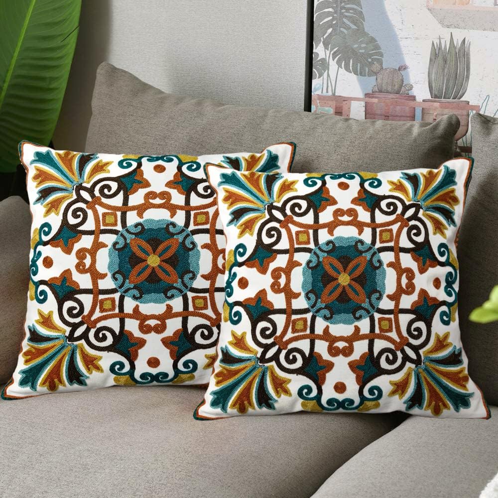 Alysheer Floral Embroidered Fall Decorative Throw Pillow Cover 18"x 18" Set of 2, Boho Farmhouse Embroidery Patterned Orange Teal Cushion Case for Sofa Couch Living Room Bedroom Outdoor