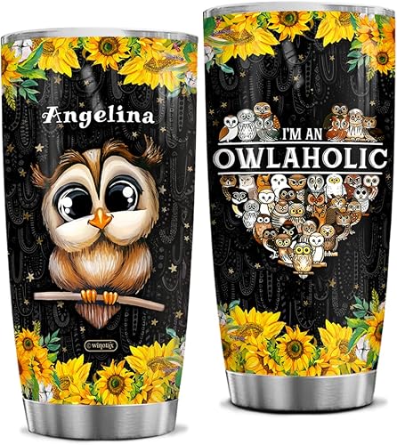 Regalos de búhos, vaso de café personalizado con diseño de búho de girasol de 20 onzas, 30 onzas, vasos aislados de acero inoxidable, taza de viaje