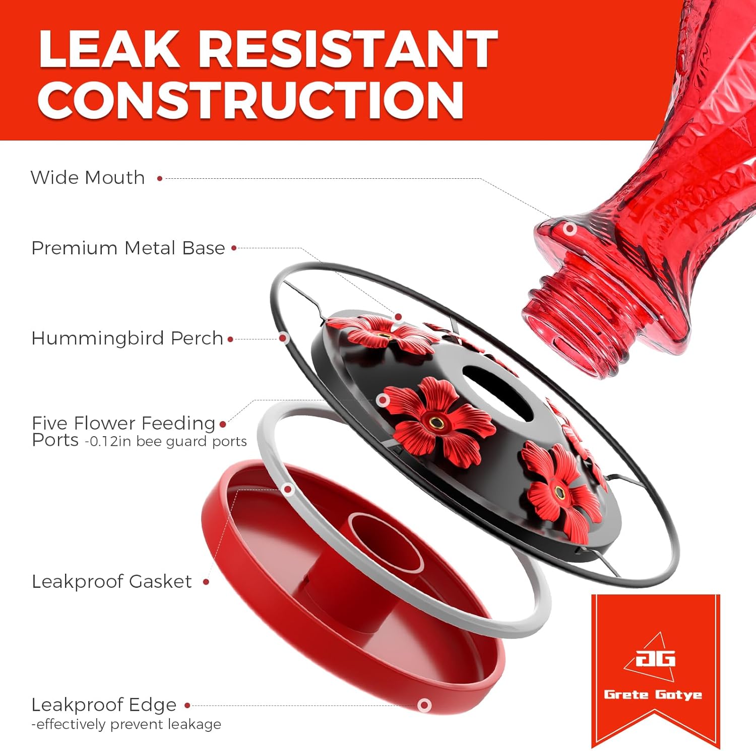 Glass Hummingbird Feeder for Outdoors Hanging, Bird Nectar Feeder with Perch & 5 Flower Feeding Ports, 20 Oz Leak Proof for Outside Garden Decor Backyard, Gifts for Women Mom, Red - Image 4