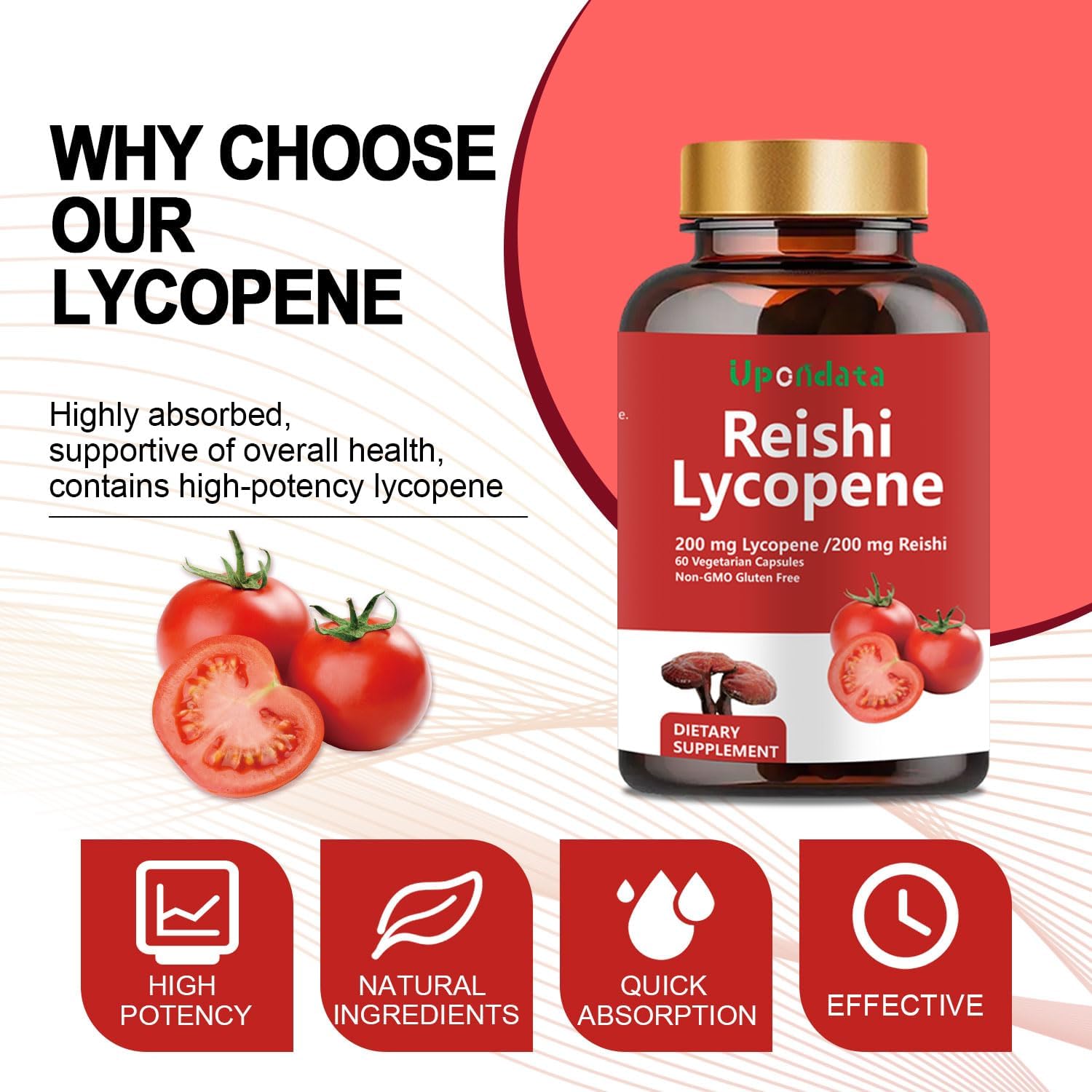 Lycopene Capsules, Natural Lycopene 200mg with Organic Reishi Mushroom 200mg Supplement for Prostate Health and Immune Support - Gluten-Free, Non-GMO, 60 Capsules (1 Pack) - Image 5