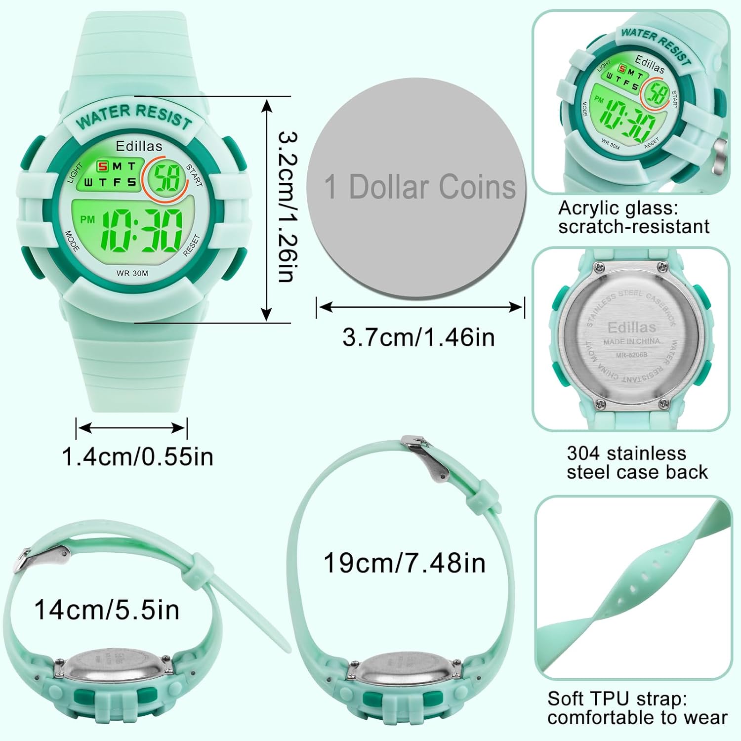 Edillas Kids Digital Watch dimensions and materials