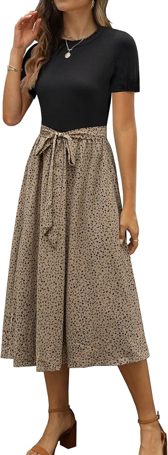 CzzzyL Women Nursing Dress Short Sleeve Floral Patchwork Ribbed Pregnancy Tie Waist Work Outfits Summer