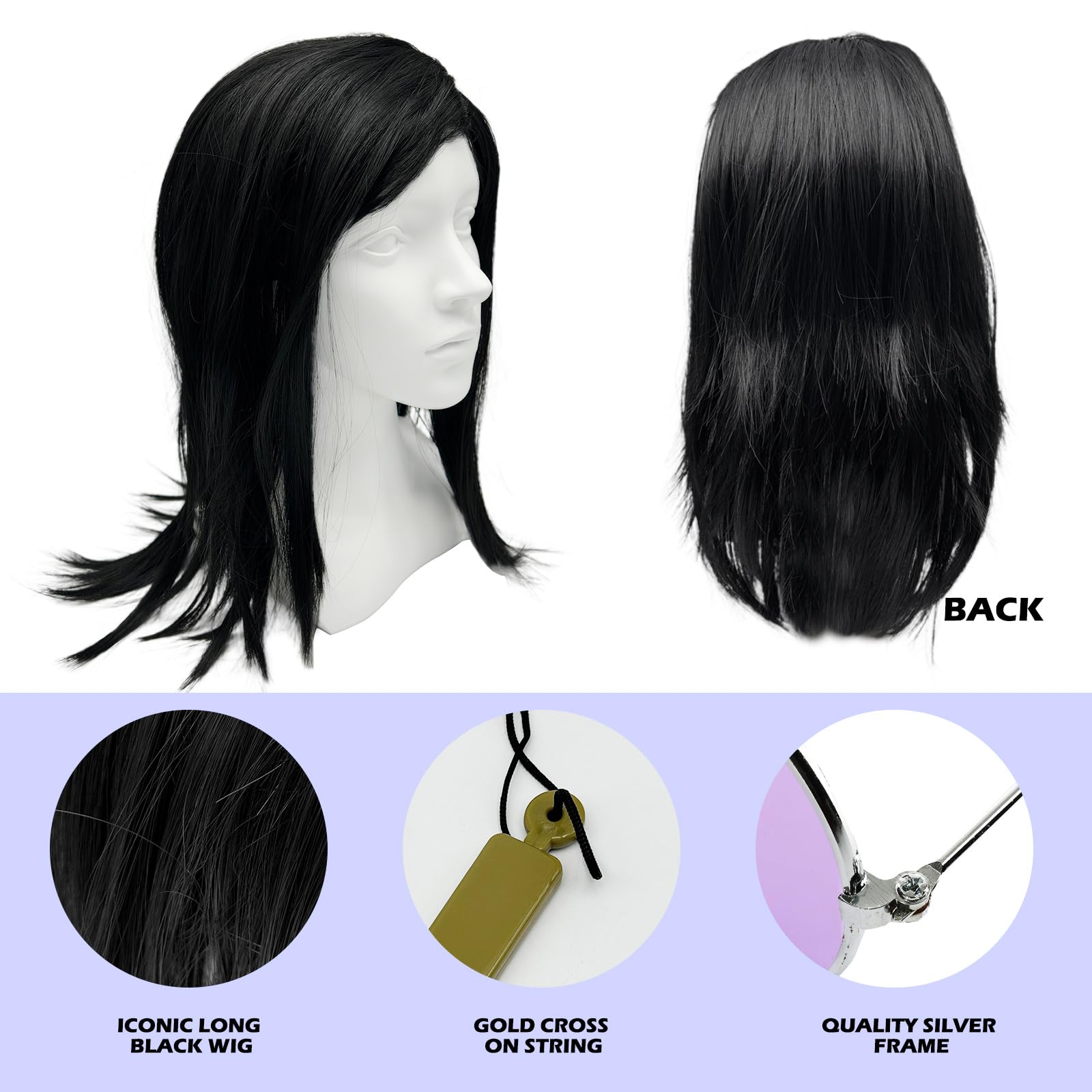 YAUOIPI 3 Pcs Prince of Darkness Accessory Set, Rock Star Legend Hippie Costume Kit, Long Black Wig, Gold Cross - Image 3