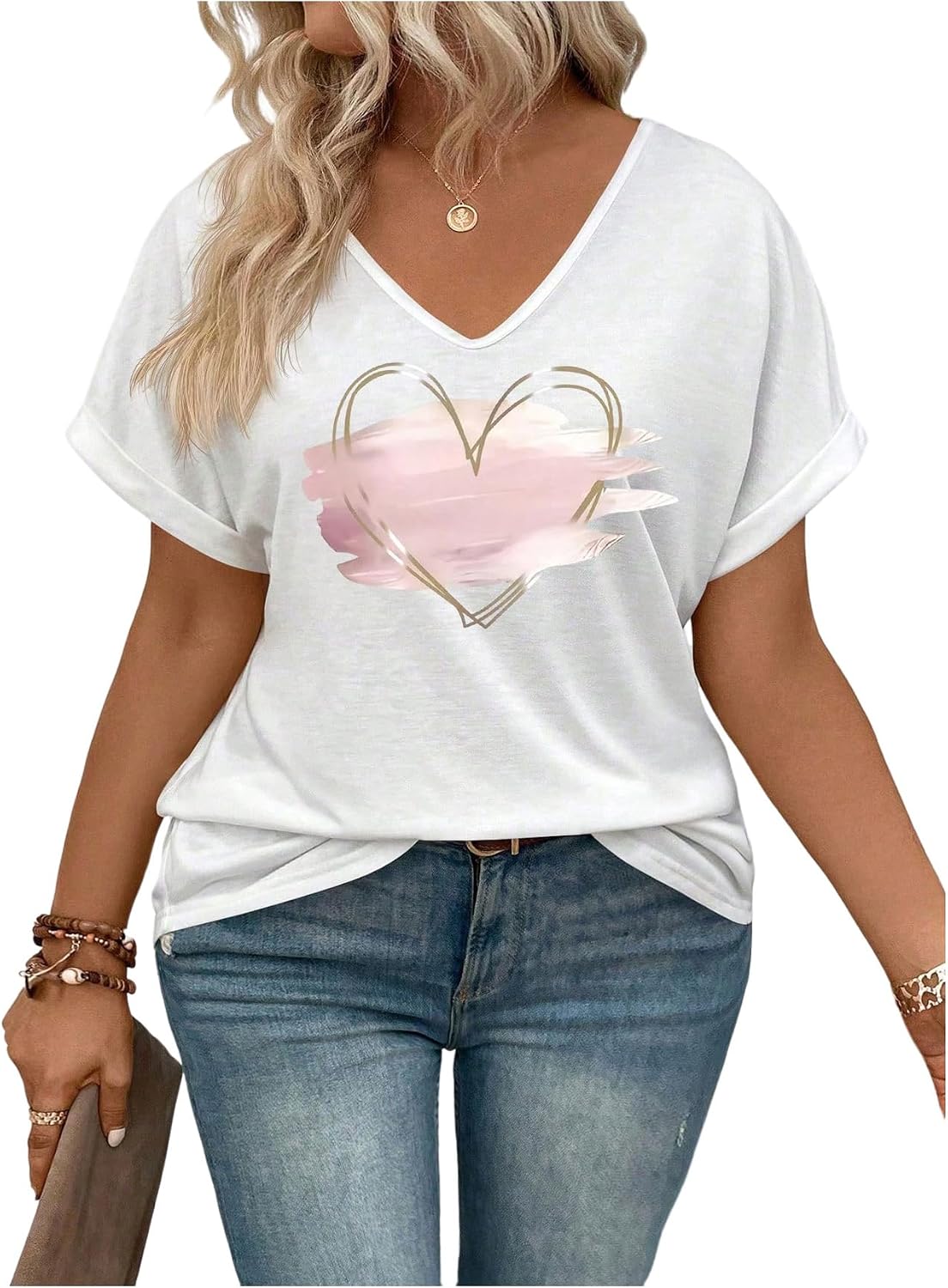SOLY HUX Women's Plus Size Short Sleeve T Shirts V Neck Heart Graphic Summer Tee Tops