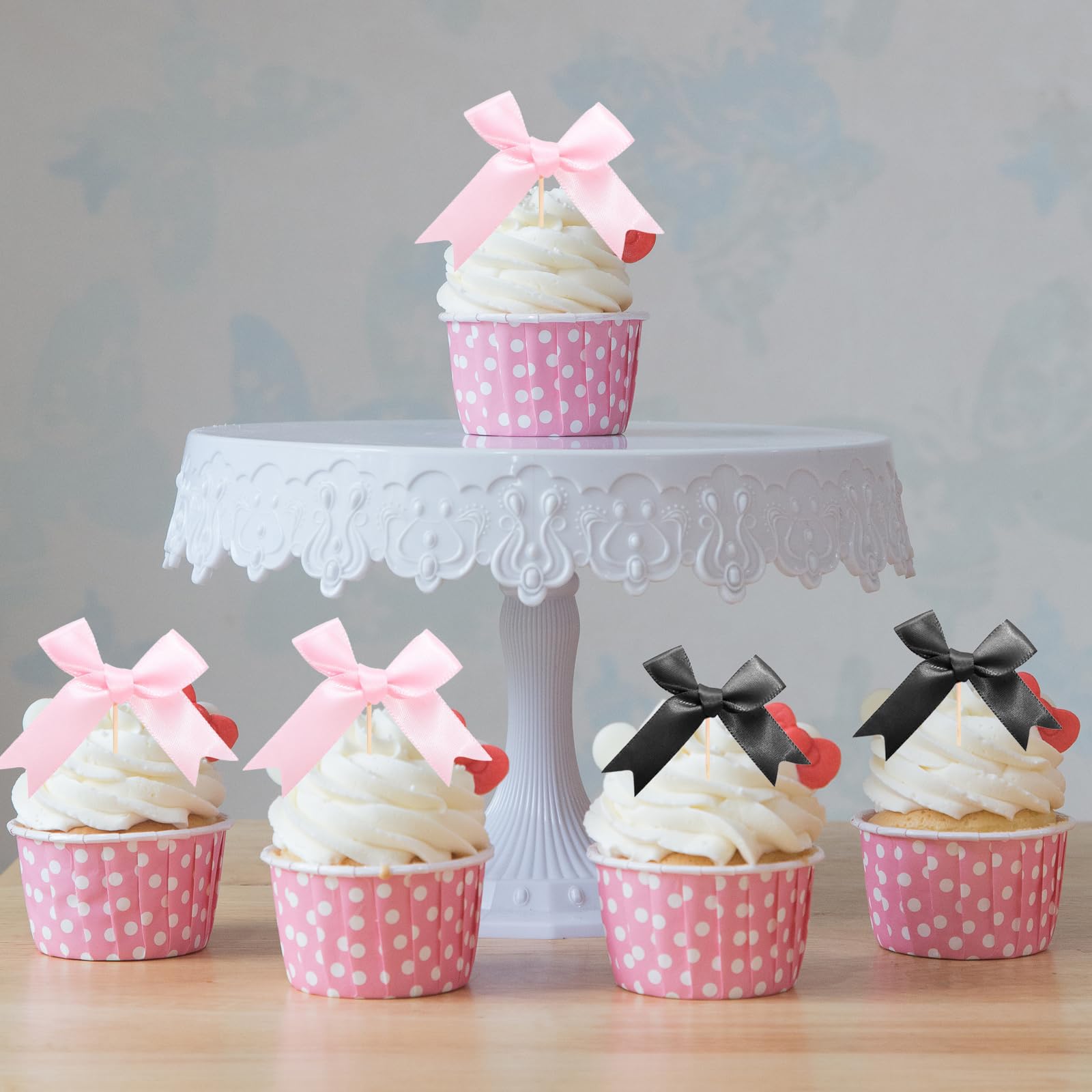 50 decorazioni per cupcake con fiocco rosa, decorazioni per torte di compleanno, matrimoni, baby shower, addio al nubilato, feste a tema coquette (rosa, nero)