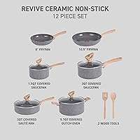 Vista 2 de T-fal Revive Ceramic Cookware Sets, Pots and Pans Set Nonstick, (12 pieces), Ceramic Non stick Coated, Frying Pan, Oven Safe Up To 350°F, Grey