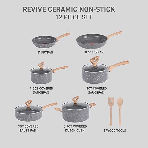 Miniatura 2 de T-fal Revive Ceramic Cookware Sets, Pots and Pans Set Nonstick, (12 pieces), Ceramic Non stick Coated, Frying Pan, Oven Safe Up To 350°F, Grey