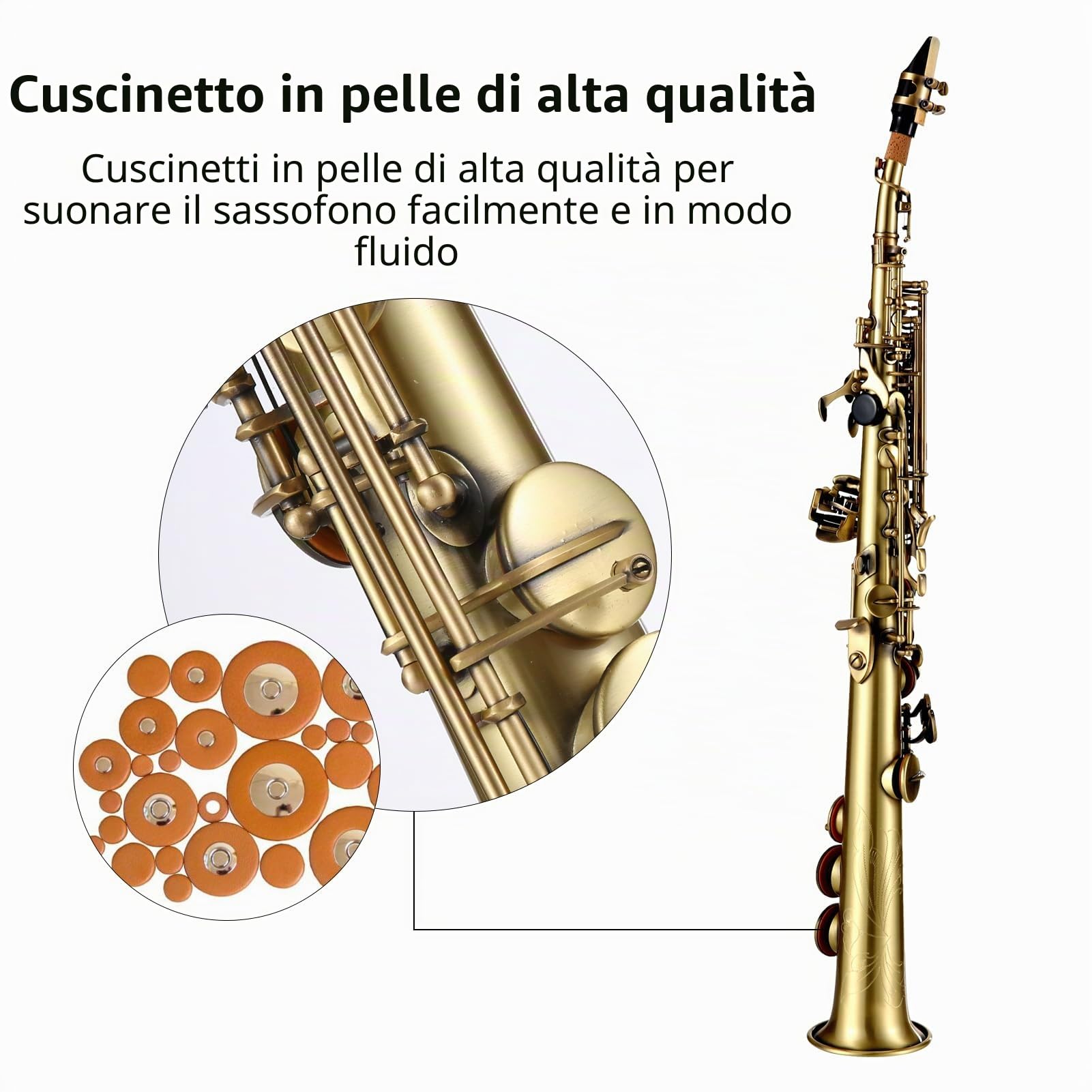 Sassofono dritto,Professionale Ottone Dritto Sib Soprano Sassofono Nichelato Sax Strumento a fiato Modello di intaglio con custodia per il trasporto Bocchino Kit di pulizia per ance Guanti Cing