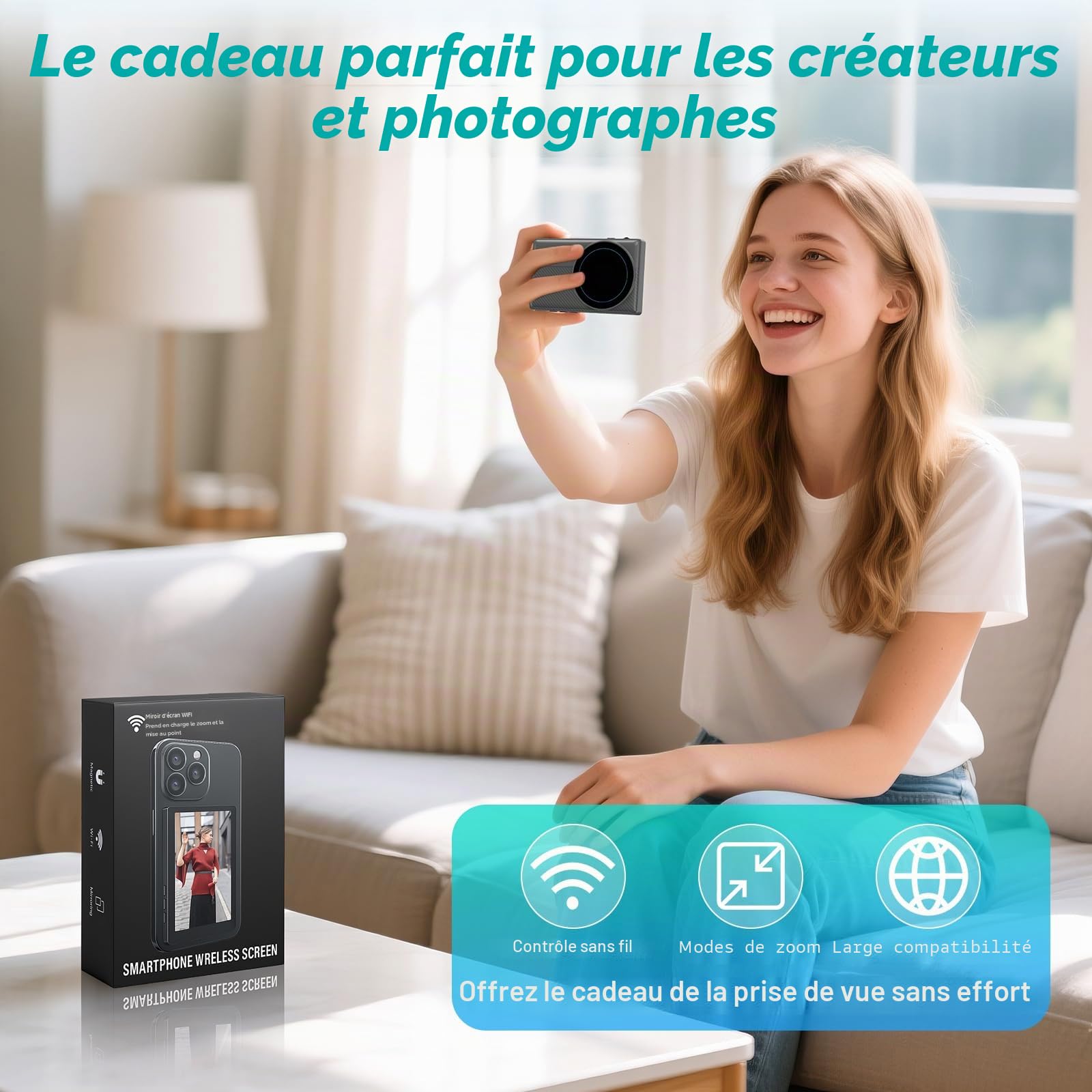 Qoosea écran Retour Caméra Téléphone 4" Magnétique, Écran Selfie sans Fil 1080P avec Haut-Parleur & 4h Autonomie, Retour Camera iPhone et Android, Streaming Live TikTok, Accessoire Vlog