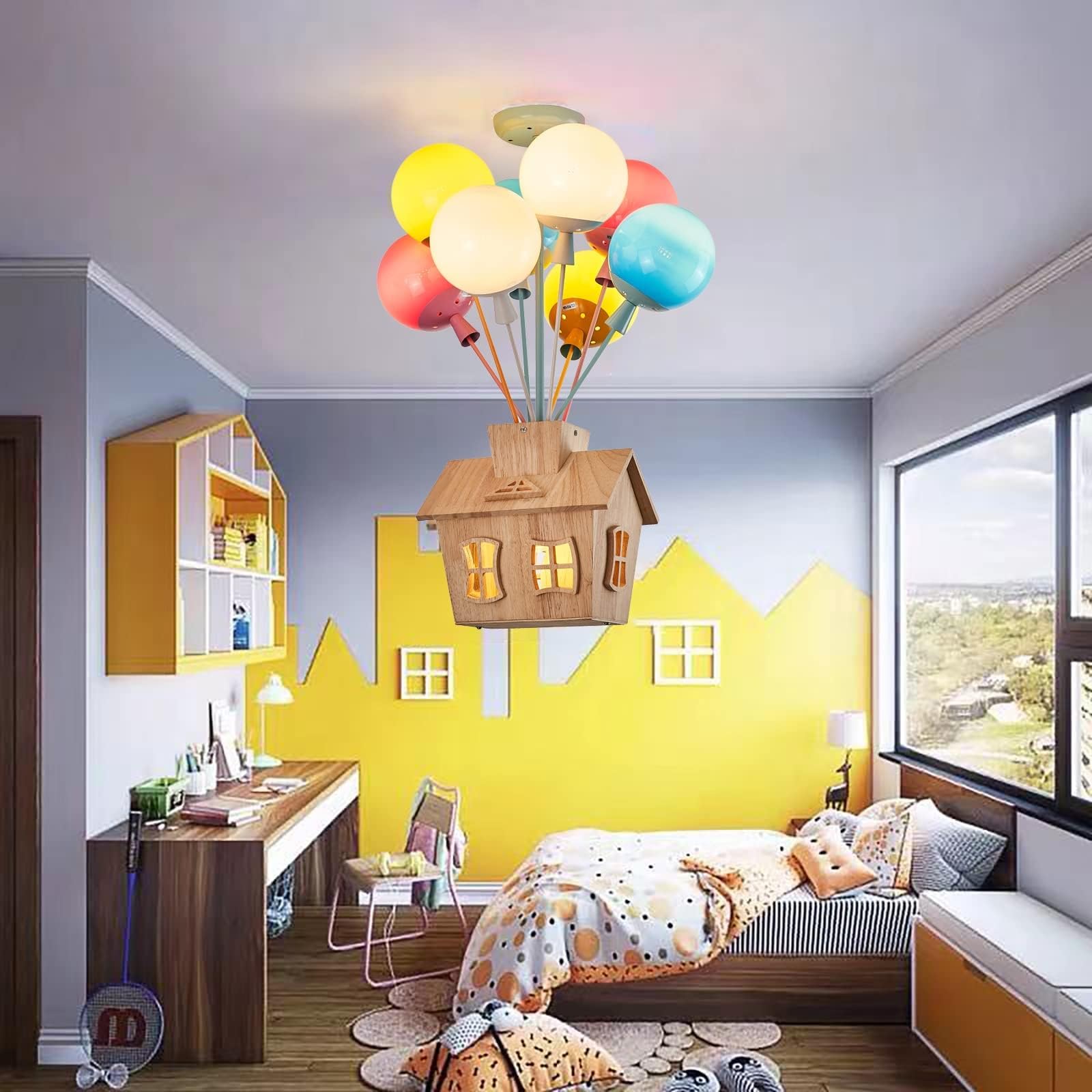 Plafoniera for cameretta dei bambini con telecomando, lampada a sospensione for bambini in legno a LED, lampada a palloncino in vetro rotonda, lampada a sospensione moderna a forma di cartone animato