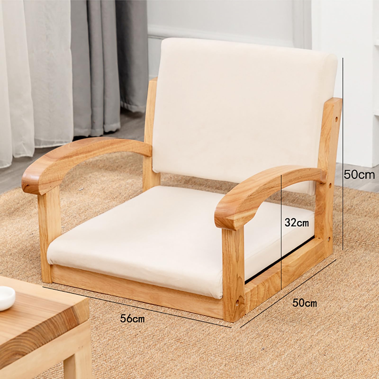 Chaise de Sol en Bois avec Dossier et accoudoirs,Chaise Tatami Japonaise sans Pieds avec Coussin,Chaise Basse Vintage pour Balcon,Salon,Chambre(Wood, Gray)