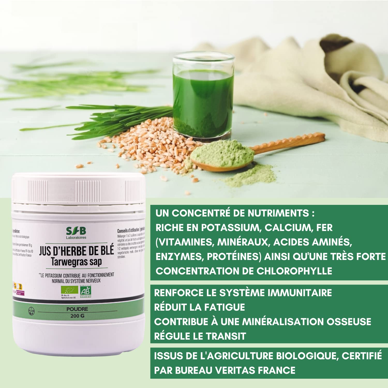 SFB Laboratoires - Jus d'Herbe de Blé Bio en Poudre - Stimule le Système Immunitaire - Favorise la Digestion - Améliore l'Energie - Protège contre le Vieillissement Prématuré - 200 grammes