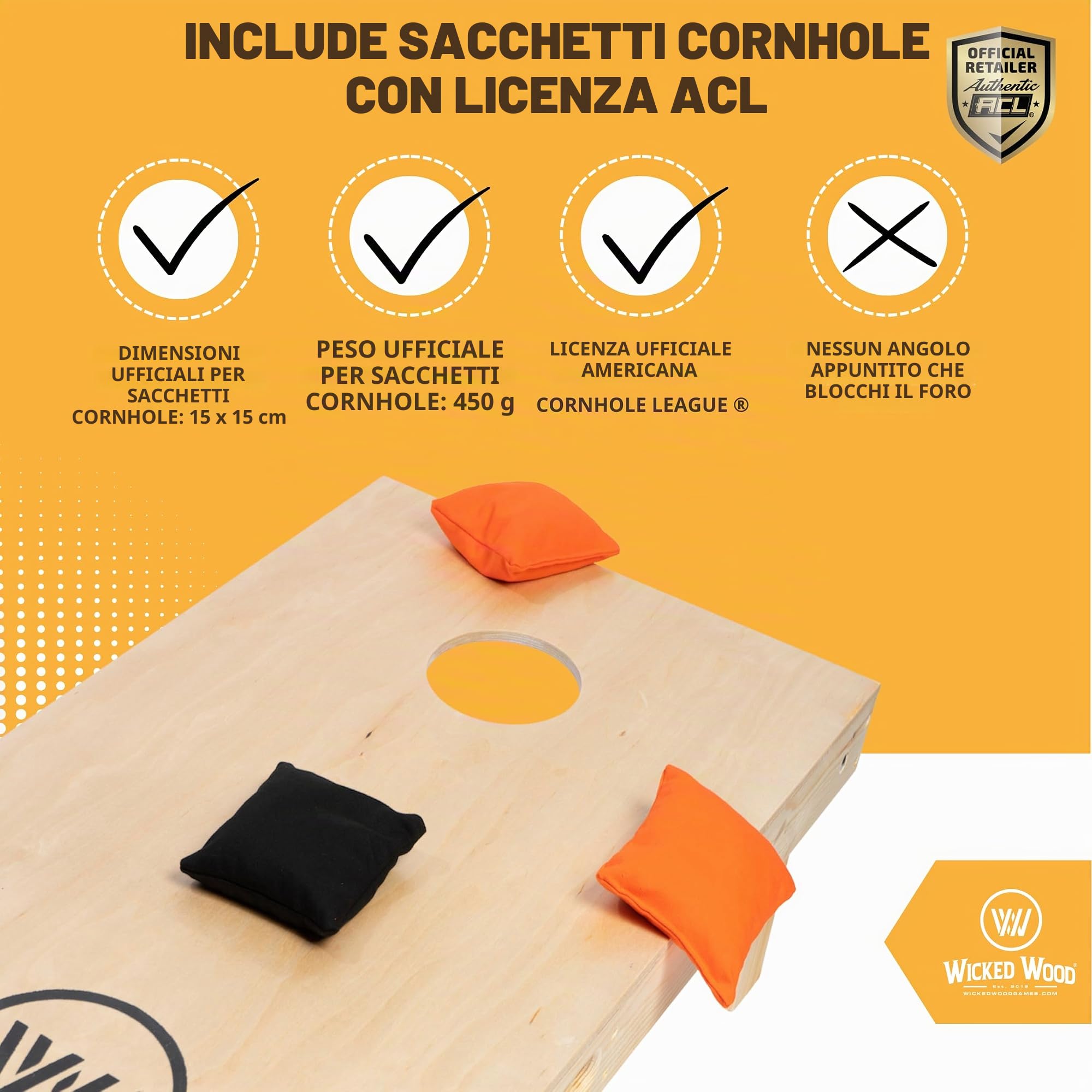 Wicked Wood Games Set ufficiale Cornhole 120 x 60 cm (4'x2') – Dimensioni concorrenza – Prodotto con licenza ACL – Include 2 tavole + 2 x 4 sacchetti (arancione e nero) – Stampa UV – Legno massello