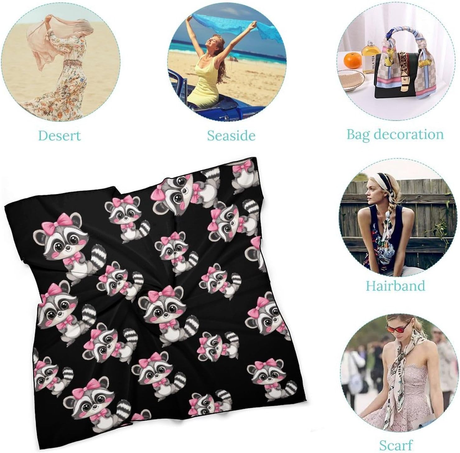 Raccoon Bandana Fashion Head Scarf Square Silk Scarf Print Neck Hair Scarfs for Women Men Gifts