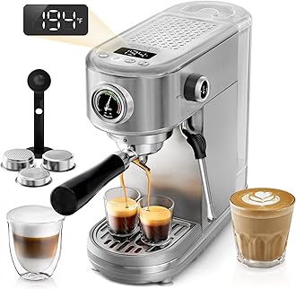 HIBREW Espresso Machine 20 Bar, Semi-Automatic Cappuccino Maker with Milk Frother for Latte Art, Adjustable Temperature & Water Volume, with Display, Pressure Gauge & Stainless Steel Body