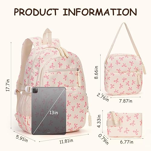 Miniatura 6 de Mochila con lazo para mujer, mochila kawaii de nailon coquette, juego de 3 piezas, linda mochila para computadora portátil universitaria, mochila de