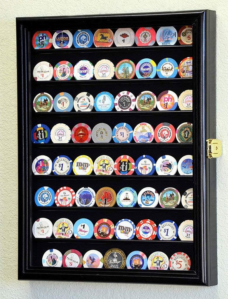 flag connections 64 Casino Chip Coin Display Case Cabinet Chips Holder Wall Rack 98% UV Lockable