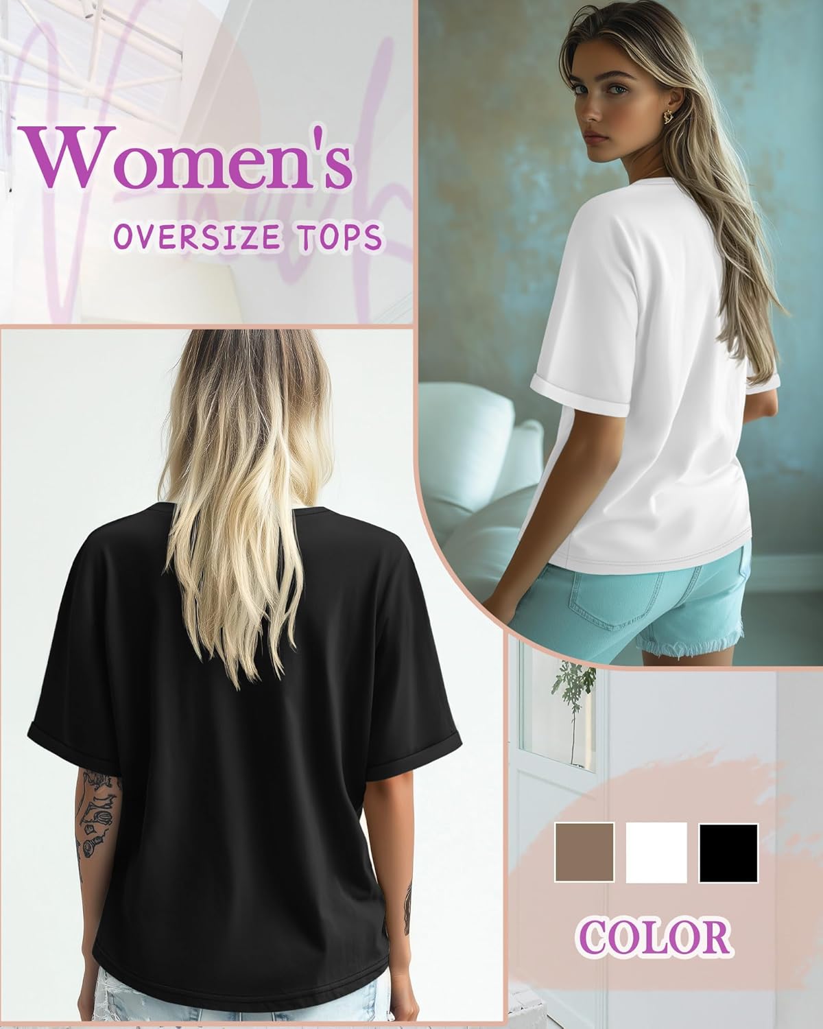 Huukeay 3 Pack Women's Oversized T Shirts, V Neck Loose Fit Rolled Sleeves Tops Shirts Summer Half Sleeves Tee - Image 4