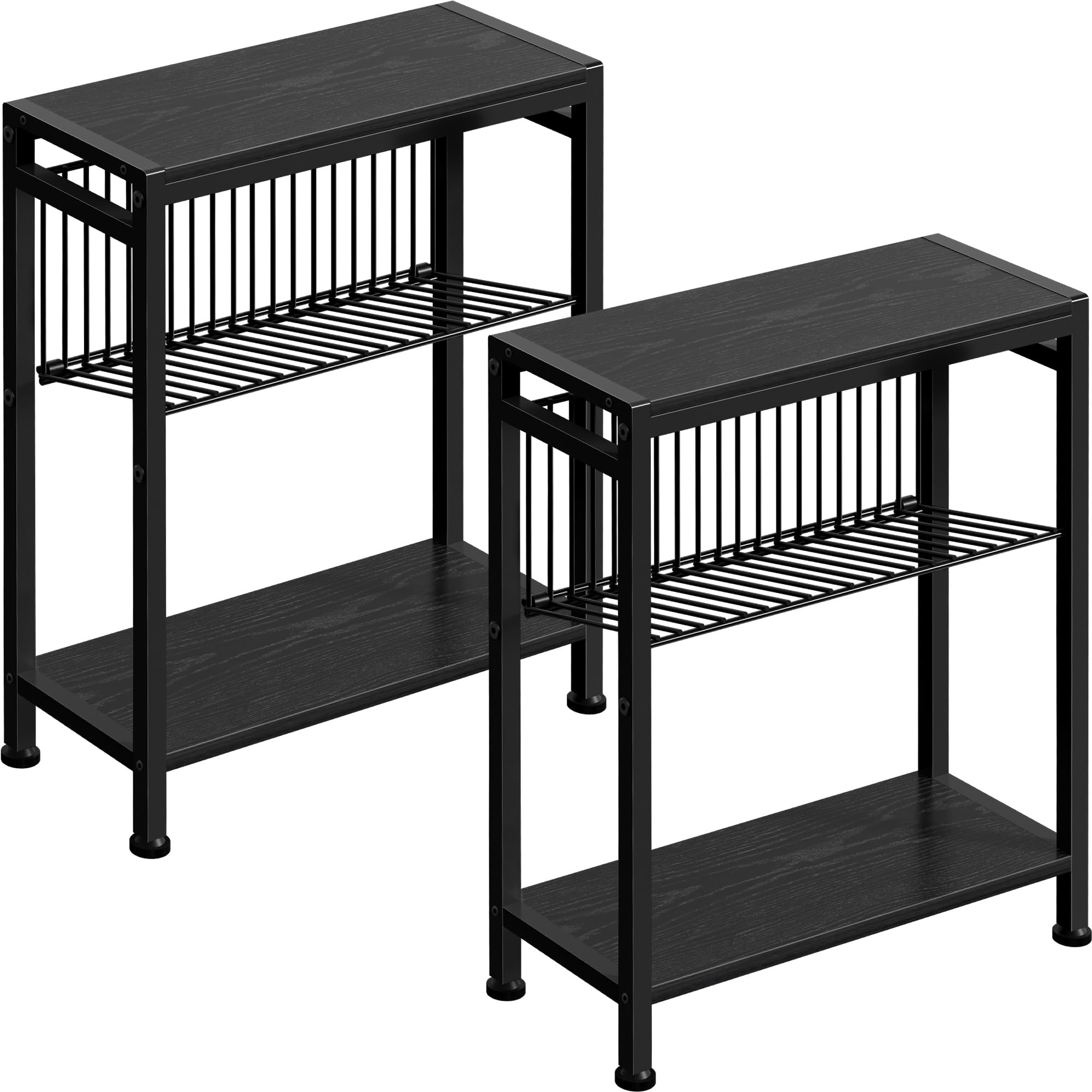 Juego de 2 mesas auxiliares para espacios pequeños, mesa auxiliar estrecha de 3 niveles con soporte para revistas, mesita de noche delgada, mesa de sofá para aperitivos en sala de estar