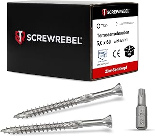 SCREW REBEL Terrassenschraube ST-FIX Edelstahl C1 5,0 x 60mm - 500 Stück inklusive S2-Bit, TX 25, Zier-Senkkopf, Schaftfräser, Sägezahn Gewindeschliff, Cutspitze, Dielenschraube gewachst