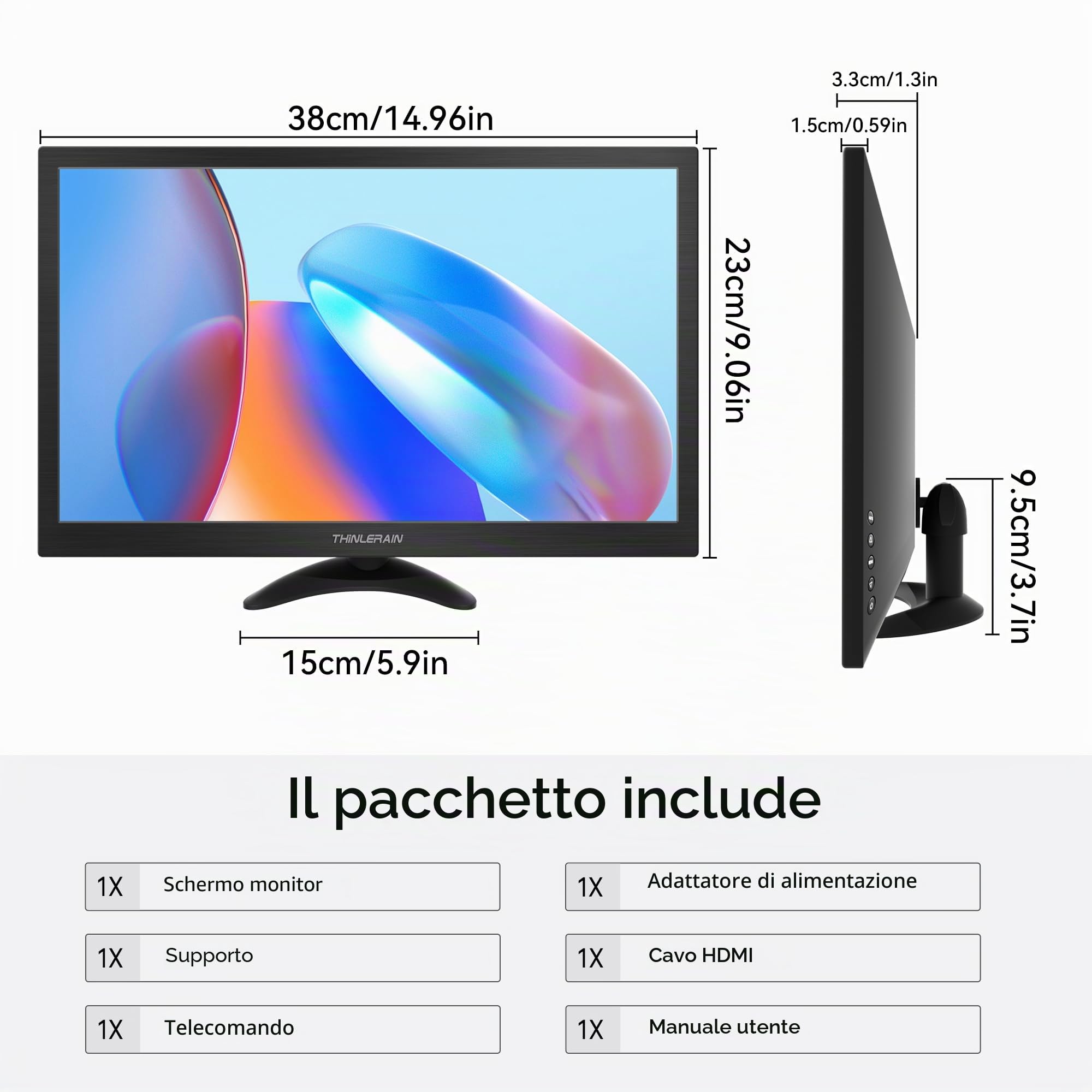 Monitor PC da 15,6 pollici, pannello 1600 × 900 TN, 60 Hz, 5 ms, piccolo monitor da desktop con connettore HDMI/VGA/BNC/AV/USB/AV, due altoparlanti, VESA