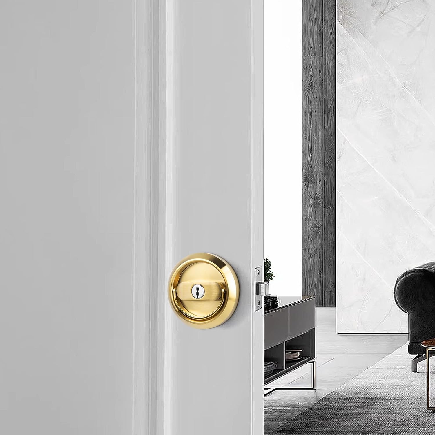 Pocket Door Lock with Key, Round Recessed Pocket Door Latch with Hidden Pull Ring, 2-3/8" Backset (1 Pack Gold)