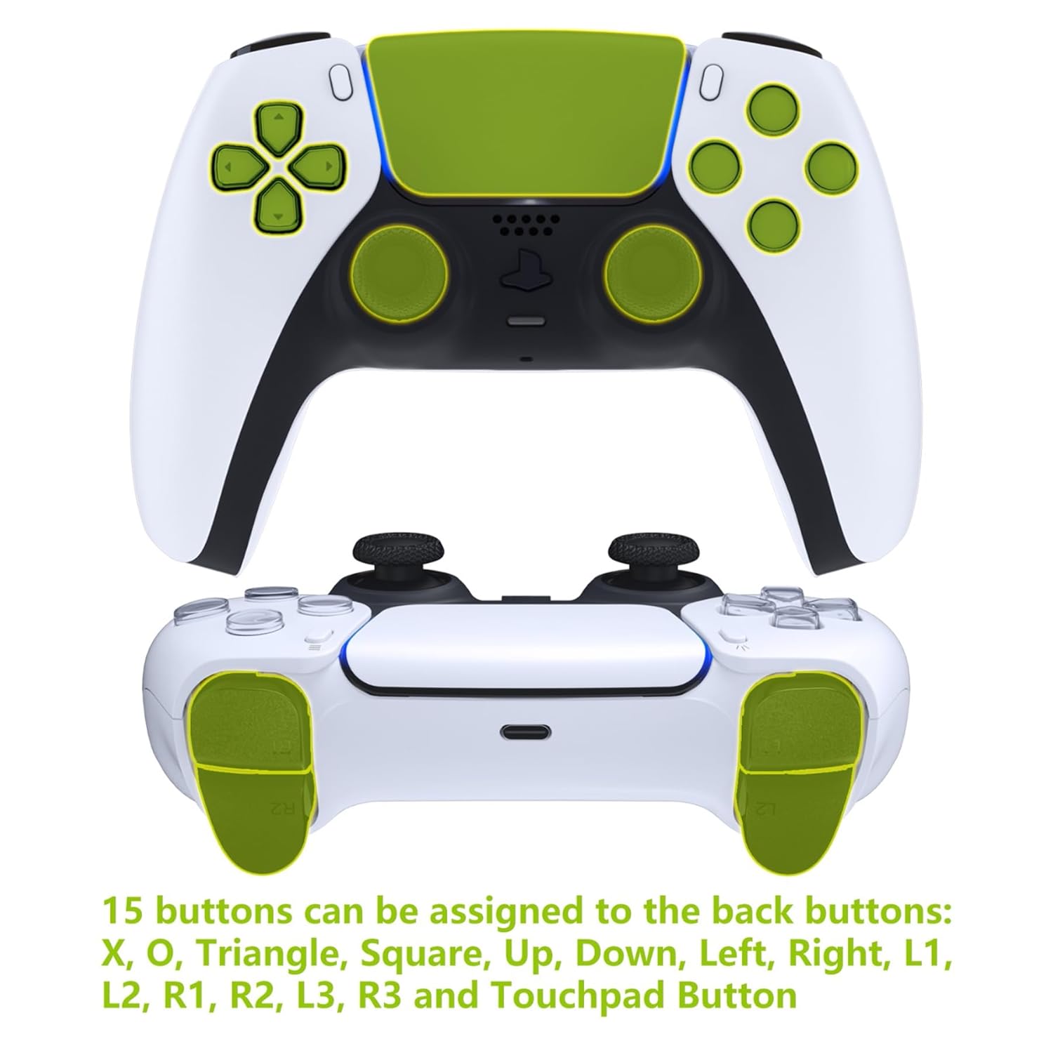 Zadaj view of a PS5 controller with the eXtremeRate RISE V3 Remap Kit back paddles installed.