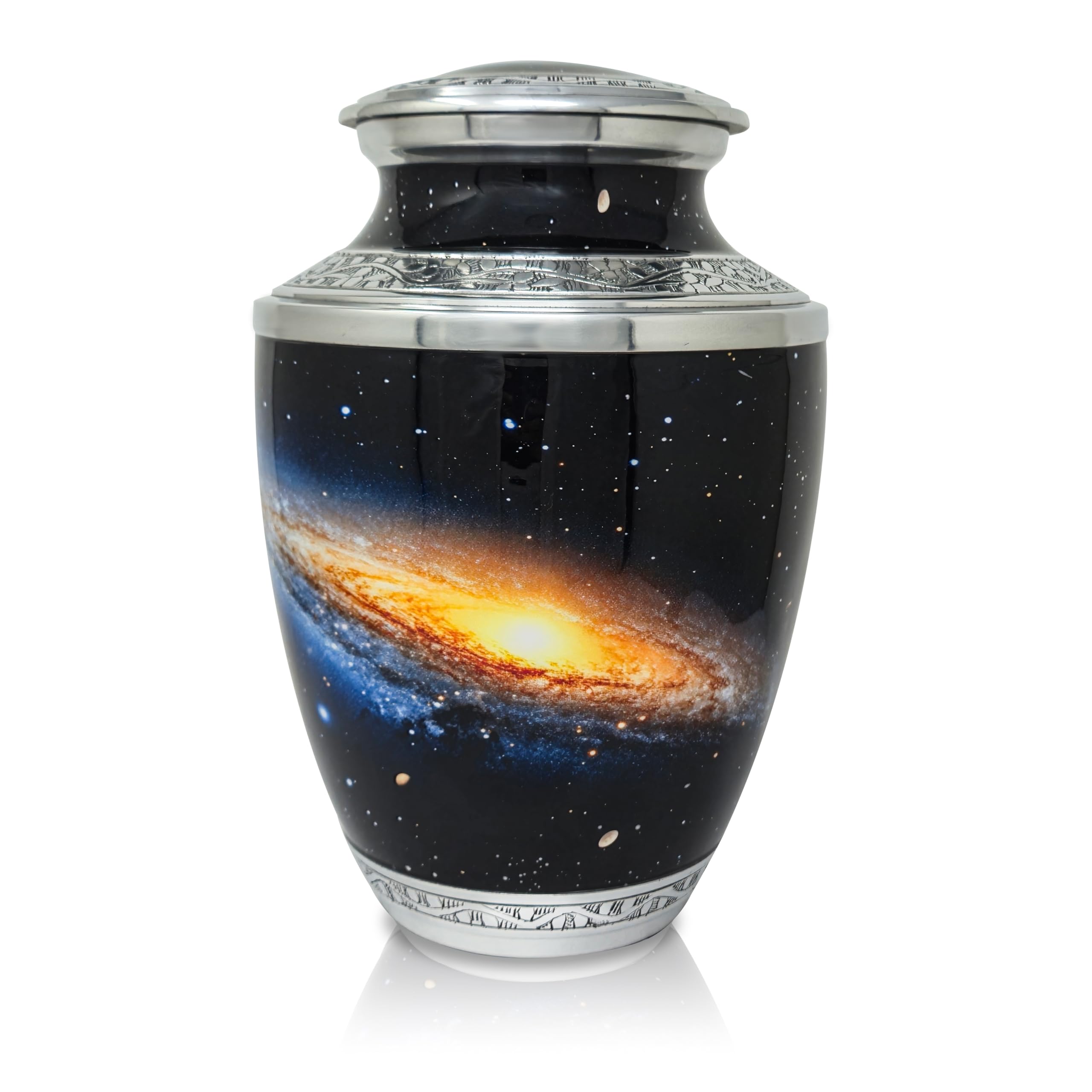 PRECIOUS HANDICRAFT Aluminium Cremation Urns for Ashes Adult | Decorative Urn for Human Ashes Female & Male, Yellow Spiral Galaxy Aluminium Keepsake Urn with Secure Lid (Large 26.5 cm)