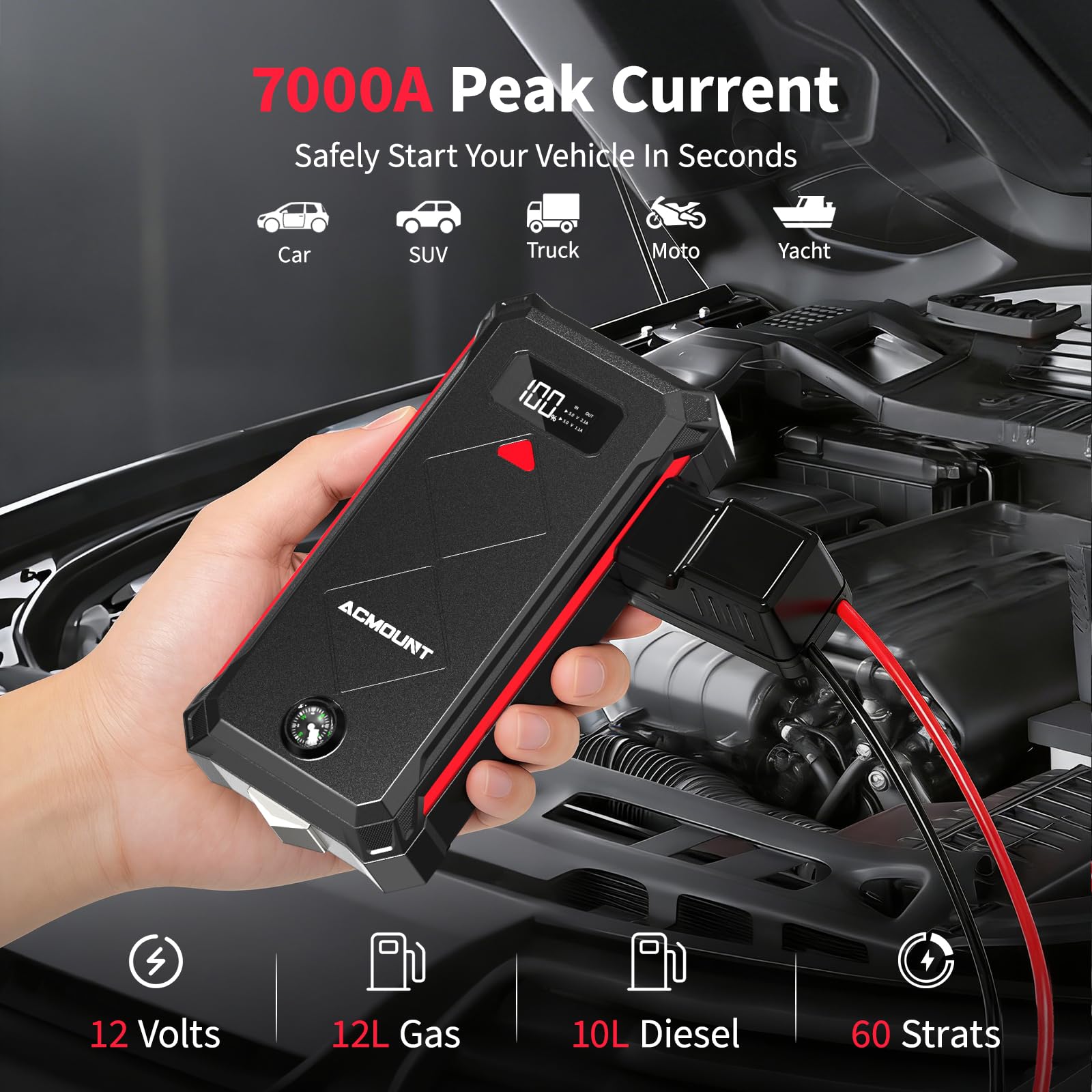 7000A Jump Starter Power Bank, 23800mAh Rozrusznik Samochodowy, Przenośny Wzmacniacz Baterii 12 V(Do 12L Benzyna/10L Diesel) Booster Baterii z Latarką LED, Kablami Rozruchowymi, USB i Kompasem
