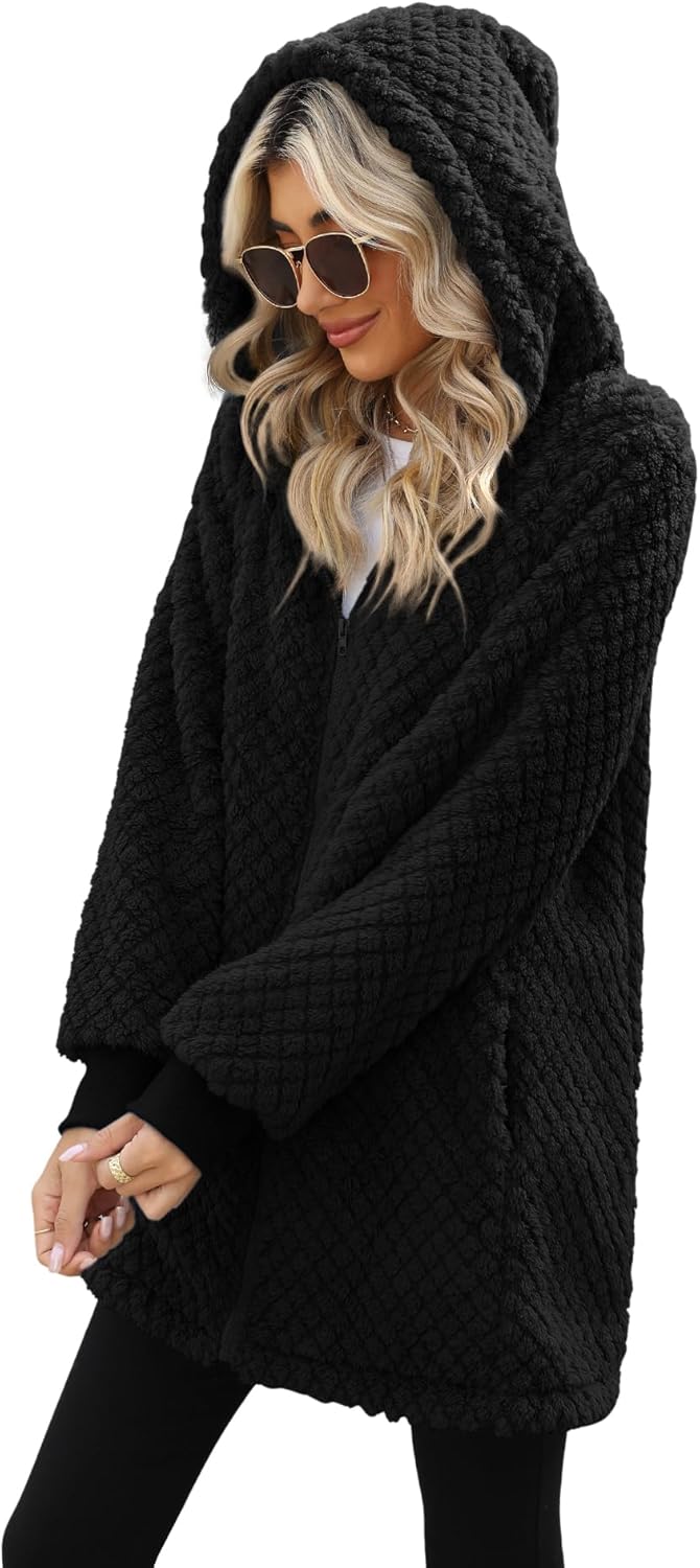 Yanekop Womens Oversized Sherpa Jacket Fuzzy Fleece Zip Up Jacket Warm Winter Coats Faux Fur Coat with Pockets - Image 5