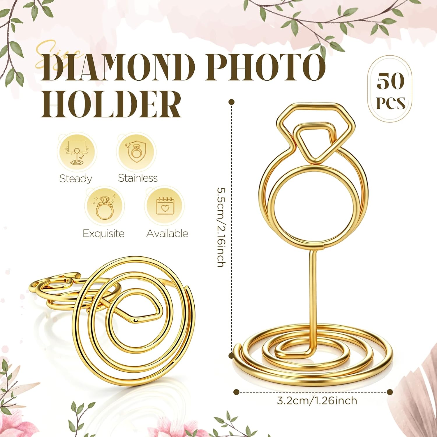 Eaasty 50pcs Ring Table Number Holders Elegant Card Holder Wire Picture Holder Mini Table Number Holders Name Place Card Stand for Centerpieces Wedding Reception Bridal Shower Birthday Party(Diamond) image 2