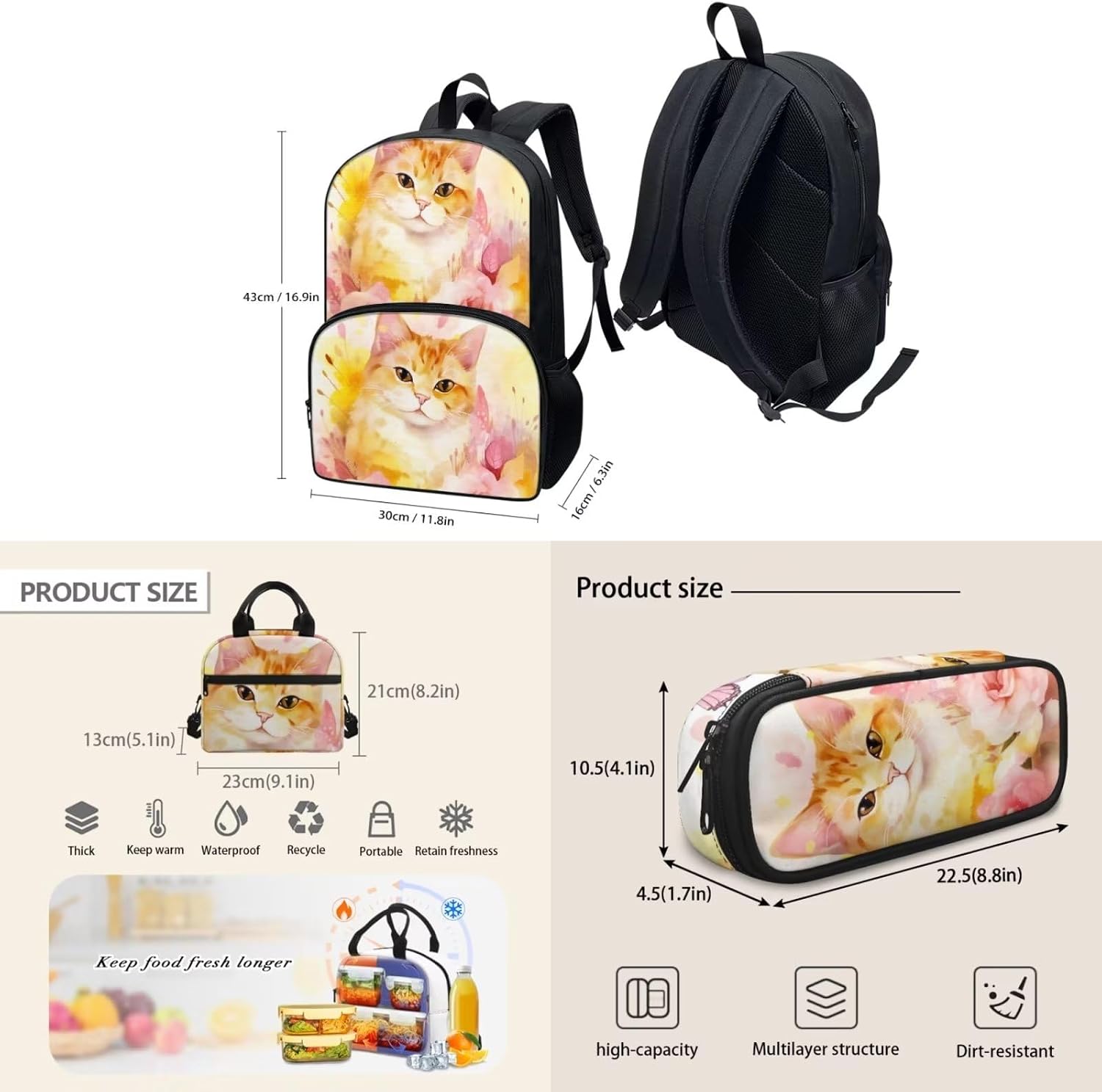 Lovely Floral Cat Backpack with Lunch Box and Pencil Case Girls Comfy Padded Cute School Backpack Set of 3 Bookbag for Student Lightweight Large Capacity Daypack