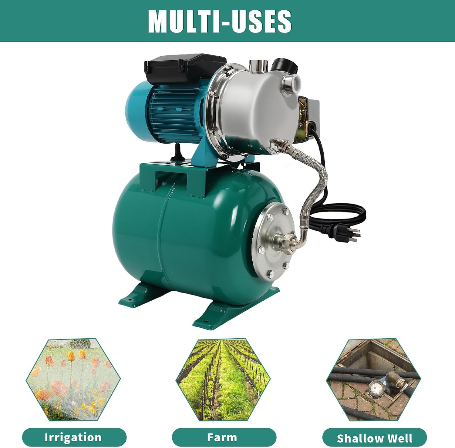 1HP Shallow Well Water System with Pressure Tank, 110V Stainless Steel Jet Type for Home Garden Farm Pool Irrigation, 6.34Gal Water Pressure Booster（Green）