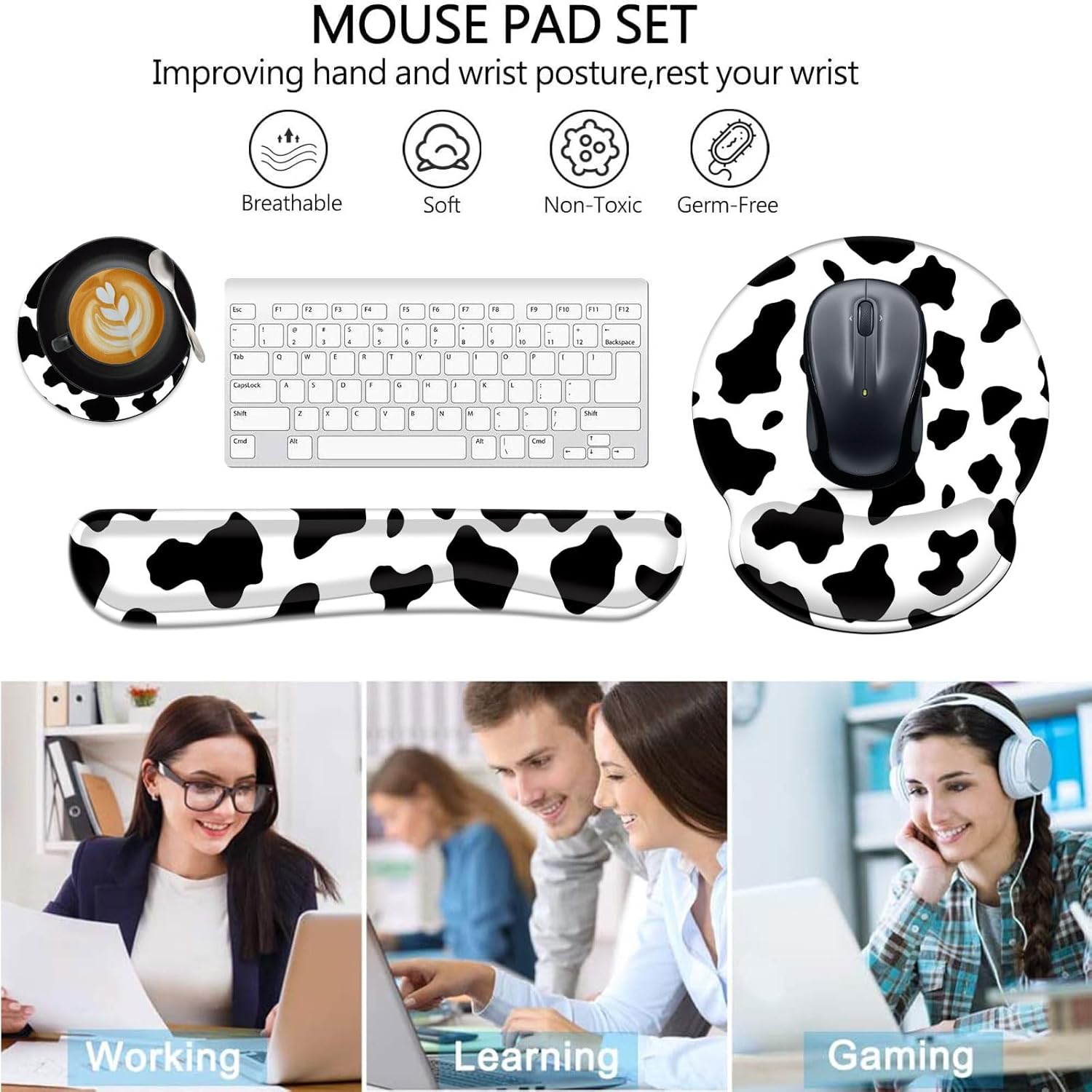 Keyboard Wrist Rest and Mouse Pad Wrist Support Set with Coasters,Non-Slip PU Base Ergonomic Gaming Mousepad for Home Office Working Studying Easy Typing & Pain Relief,Cute Cow Print