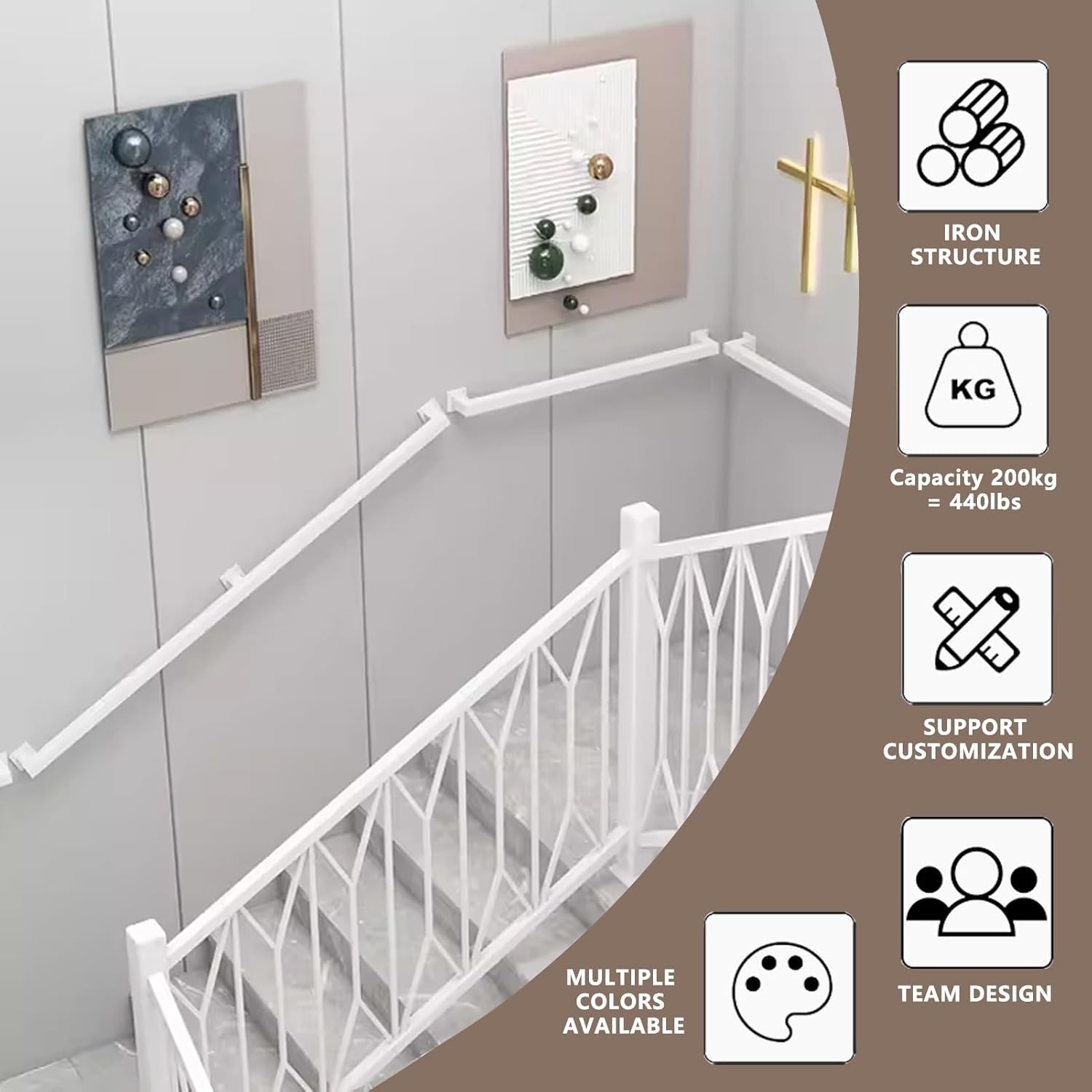 Stair Railing Industrial Metal Hand Rails for Indoor Stairs Wall Mount Staircase Handrails Wrought Iron Stairs Banister Handrail Outdoor Grab Bar Railing, White (Size : 2.6ft/80cm)