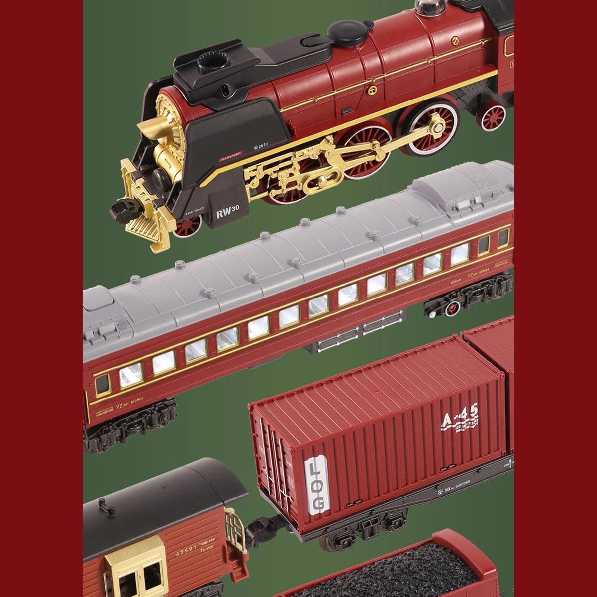 Christmas Train Set with Light, Steam & Smoke, Vintage Electric Locomotive Oval Track Model Train with Carriage Holiday Christmas Model Train Gift Around The Tree