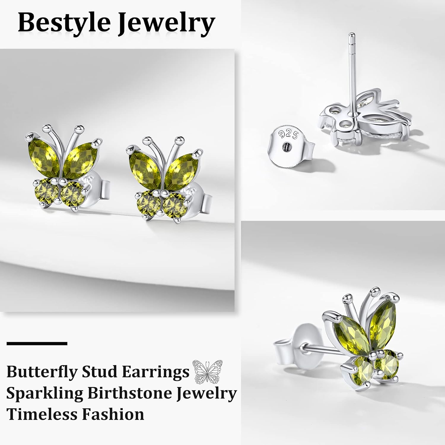 Bestyle Butterfly Silver Hypoallergenic August Birthstone Stud Earrings Necklace image 3