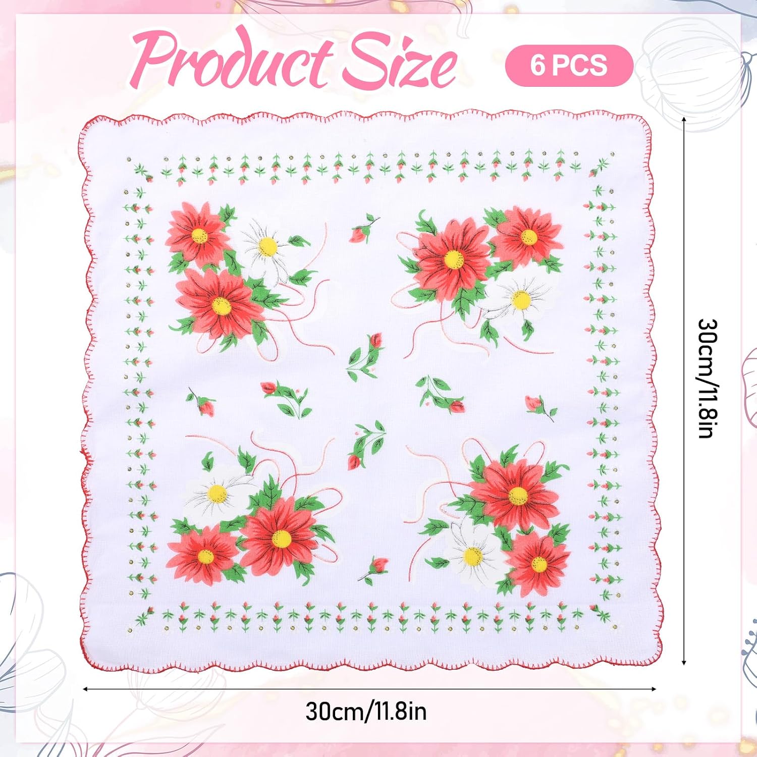 6 Pcs Vintage Handkerchiefs, 11.8" Floral Handkerchief Cotton Handkerchiefs Women Tea Party Handkerchief with Wavy Edge for Gifting, Weddings, Home Decor