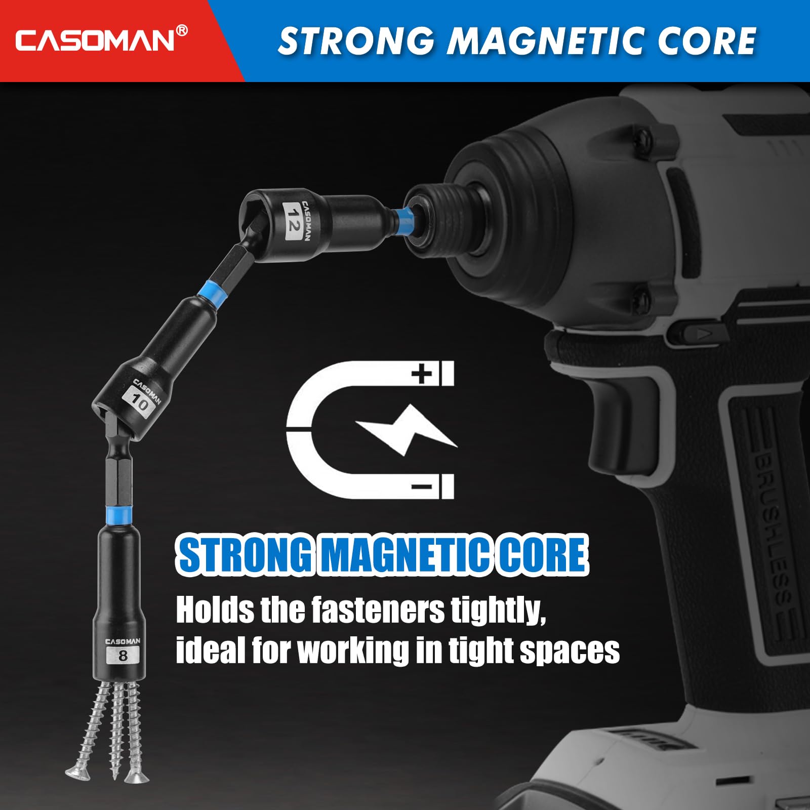 CASOMAN Set di 52 cacciaviti magnetici da 1/4" e bussole a impatto basso e profondo da 1/4", metriche, con adattatore, barra di estensione, giunto universale e punta a percussione lunga